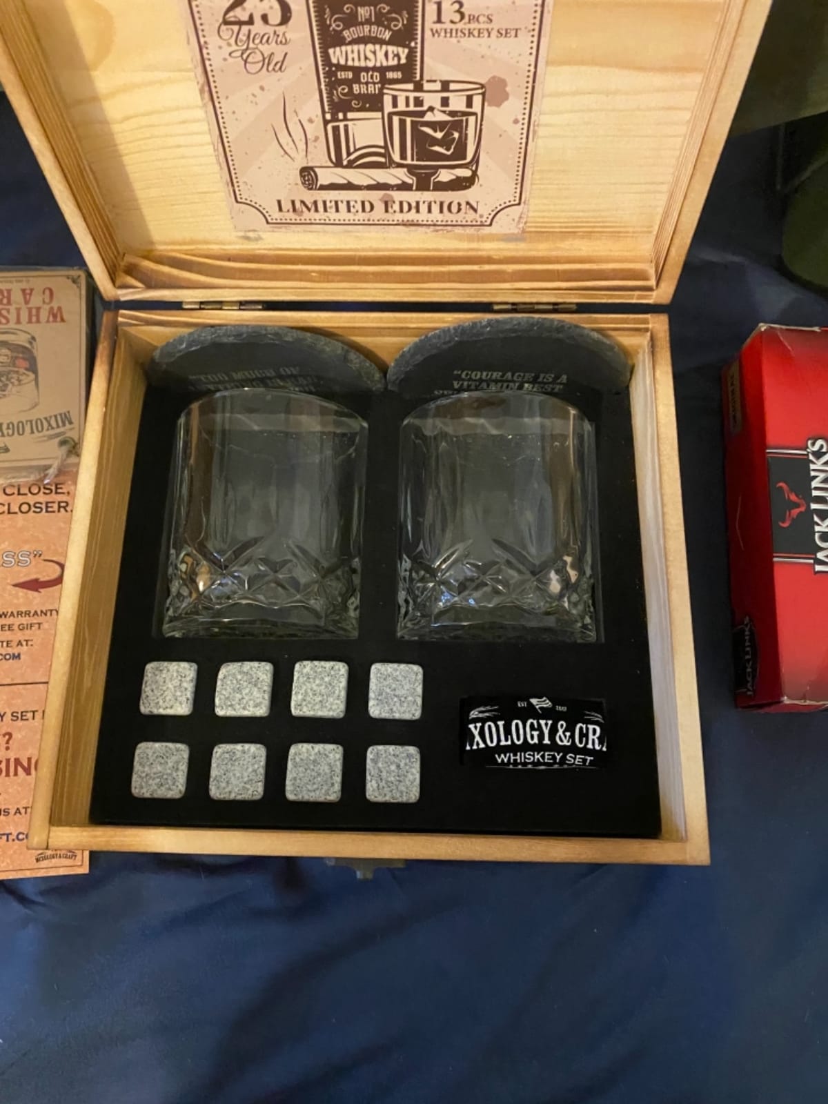 Mixology & Craft Whiskey Stones Gift Set: with Two 10oz Lead-Free Crystal Whiskey Glasses, 8 Whiskey Stones with Velvet Bag, 2 Slate Coasters & Recipe Cards in Wooden Crate | Great customer photo 1