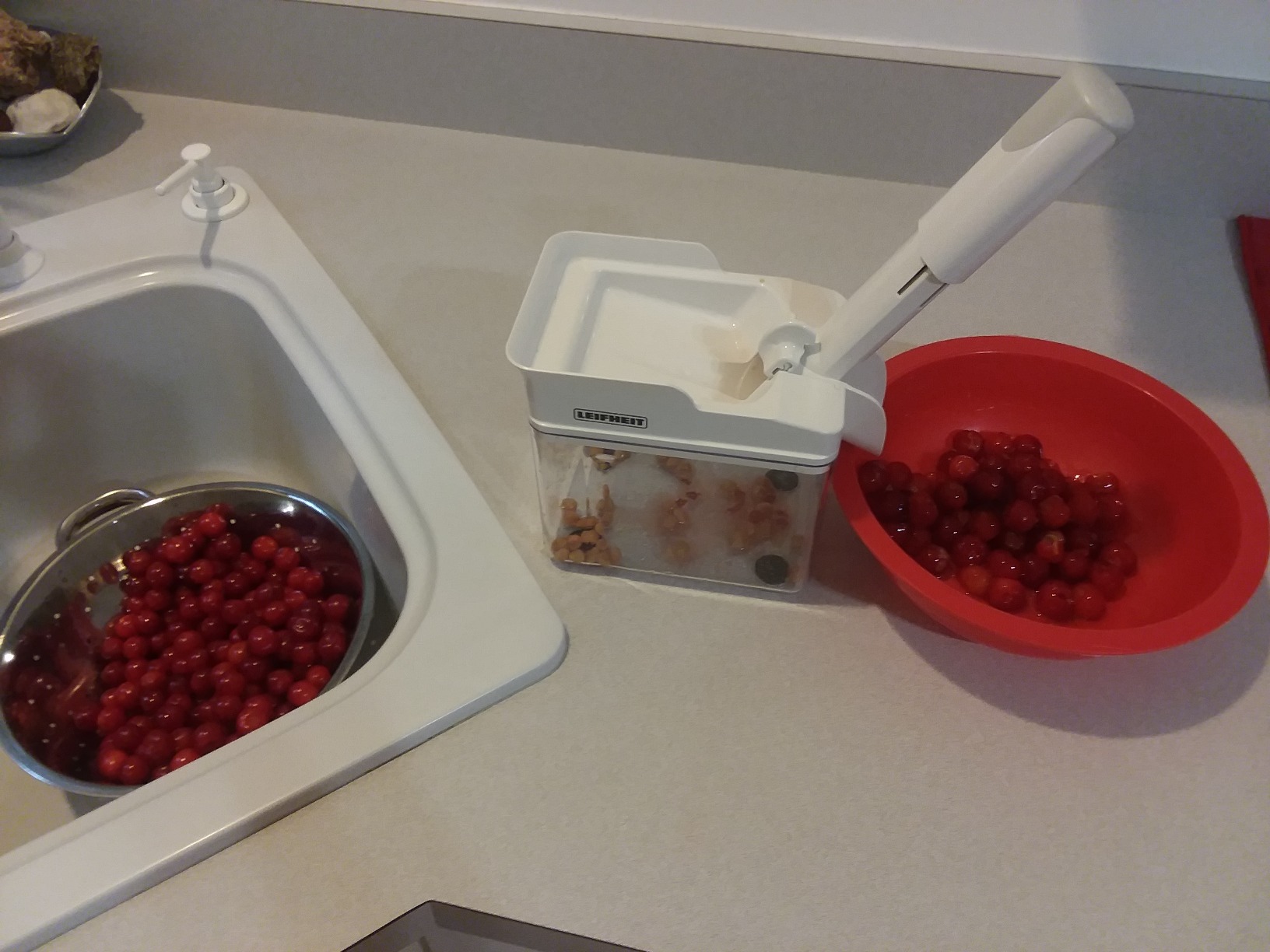 Leifheit Cherry Stoner Remover – Stainless Steel Plunger Pits 25 Lbs/Hour, Easy-Clean Container, Dishwasher Safe, Ideal for Pies, Canning, Snacking, German Design, Replacement Parts – White customer photo 2