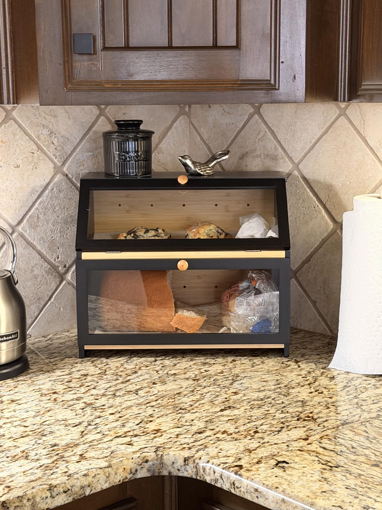 HOMEKOKO Double Layer Wooden Bread Box, Keep Bread Fresh Longer, Black customer photo 1