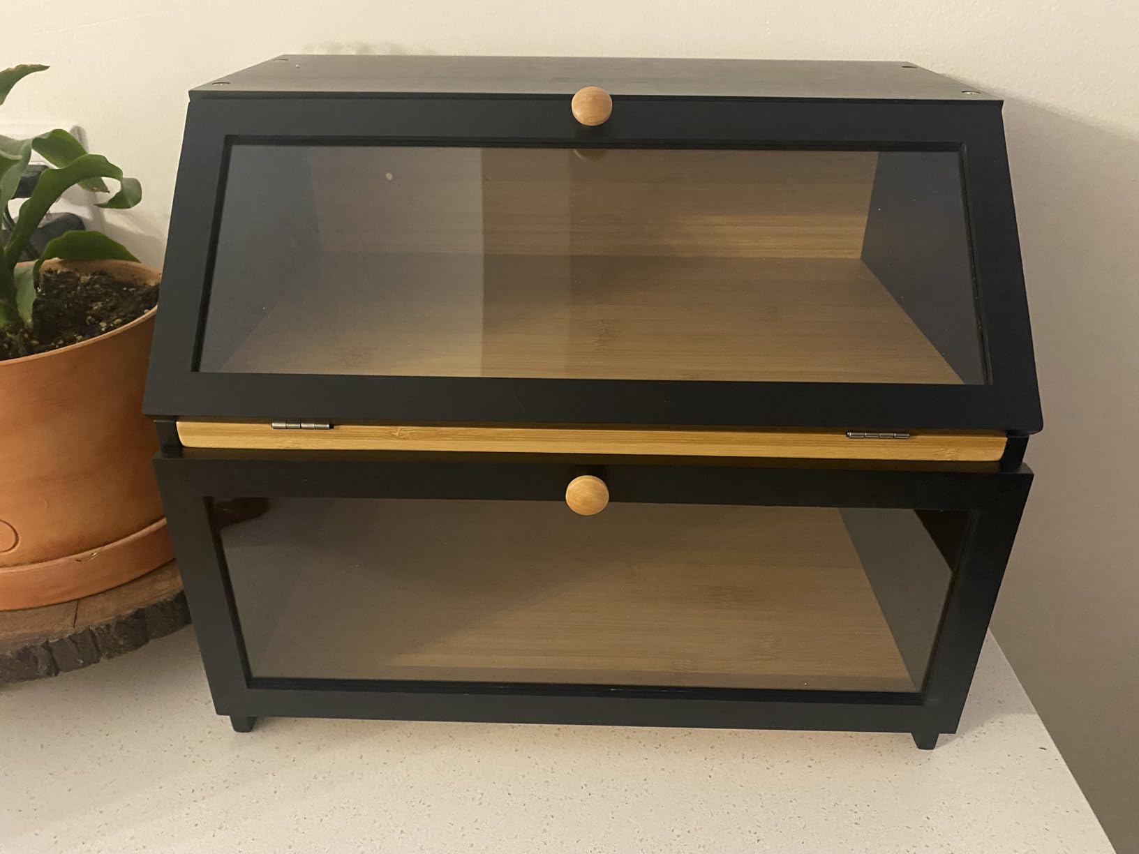 HOMEKOKO Double Layer Wooden Bread Box, Keep Bread Fresh Longer, Black customer photo 2