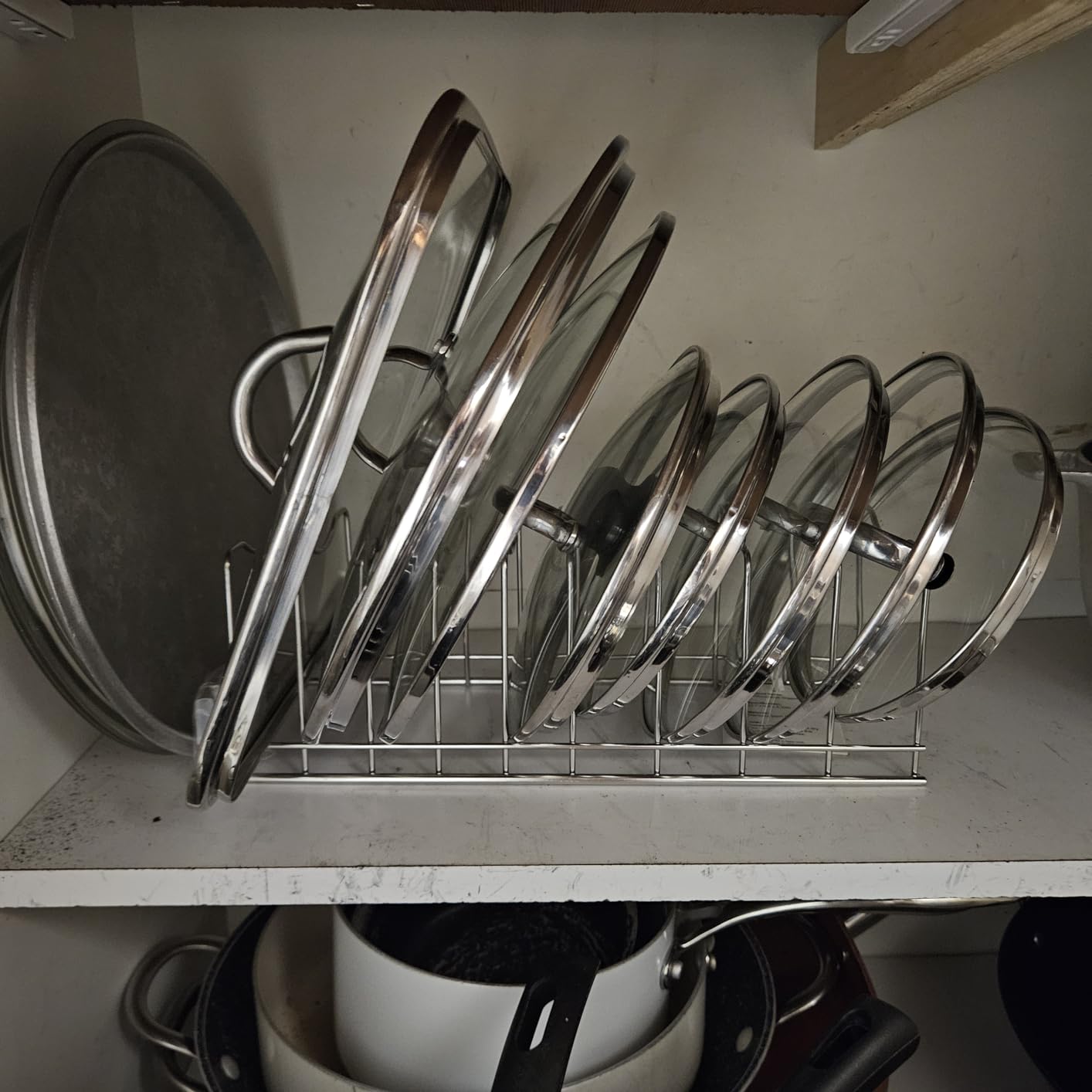 FLSEPAMB Lid Organizer Pot Lid Organizer 10-Tier Pot Lid Rack Holder Suitable for Bakeware Dish Plate, Cutting Boards, Pots & Pans, Serving Trays, Reusable Containers in Cabinet Pantry (1 Pack) customer photo 2