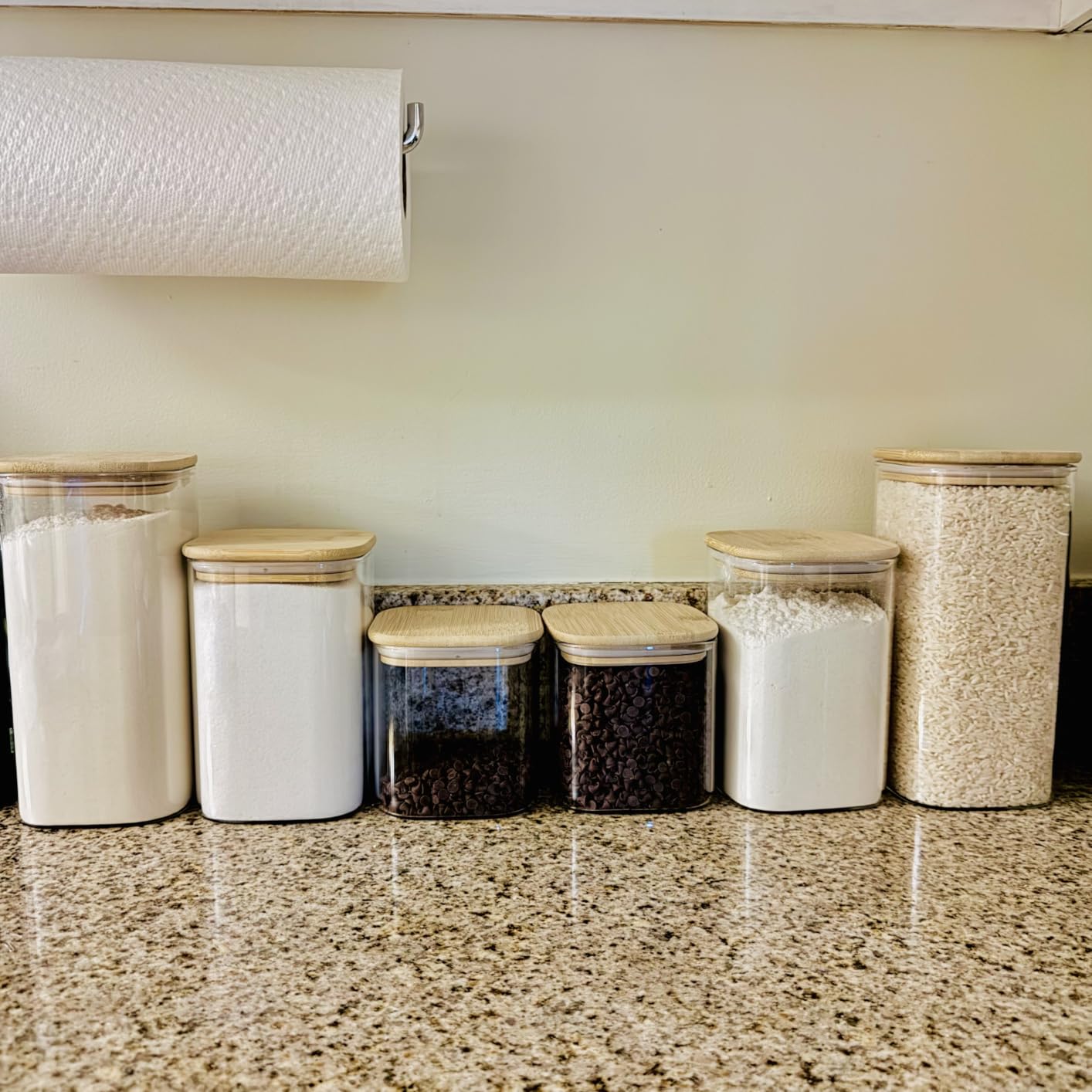 ComSaf Glass Pantry Storage Containers (0.7Qt/1.2Qt/1.6Qt) Set of 6, Square | Glass Storage Containers with Lids, Kitchen Canisters, Pantry Jar, Bamboo Lid with Silicone Seal, Flour Cereal Tea, BPA Free customer photo 1