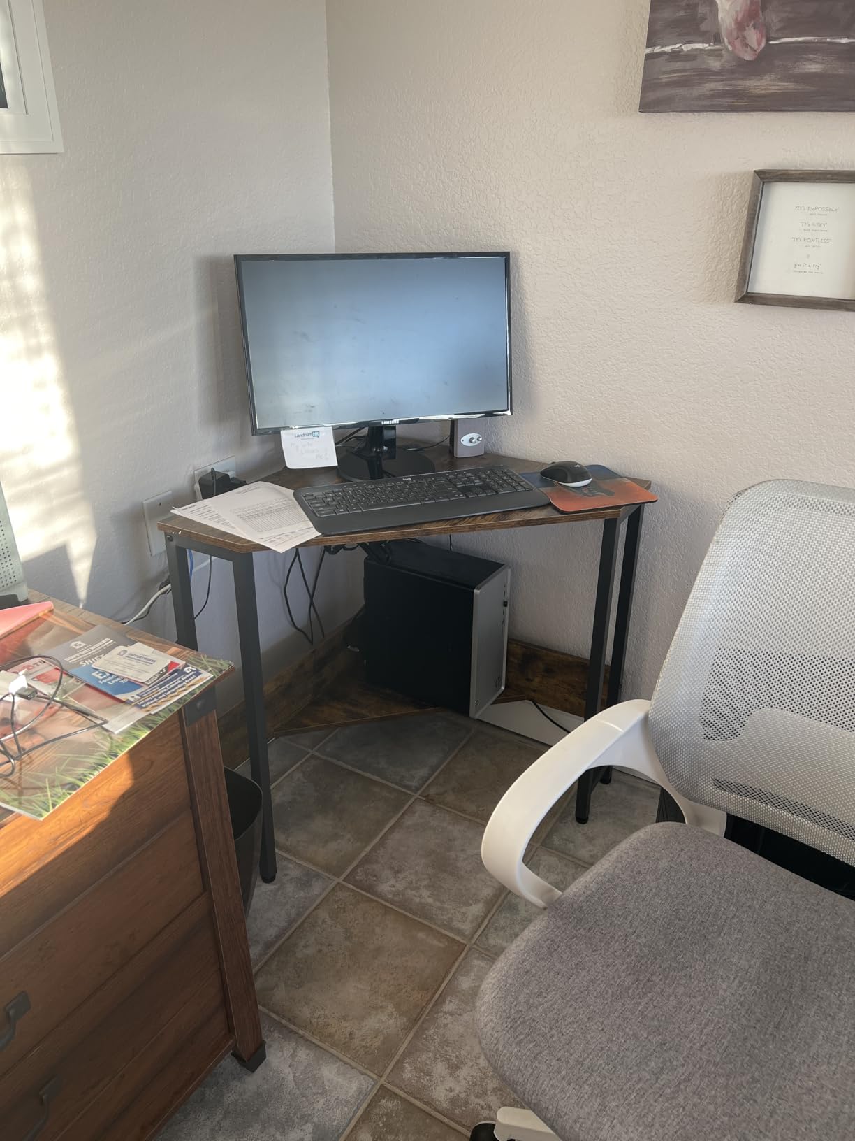 Armocity Corner Desk Small Desk with Outlets Corner Table for Small Space, Computer Desk with USB Ports Triangle Desk with Storage for Home Office, Workstation, Living Room, Bedroom, Oak customer photo 1