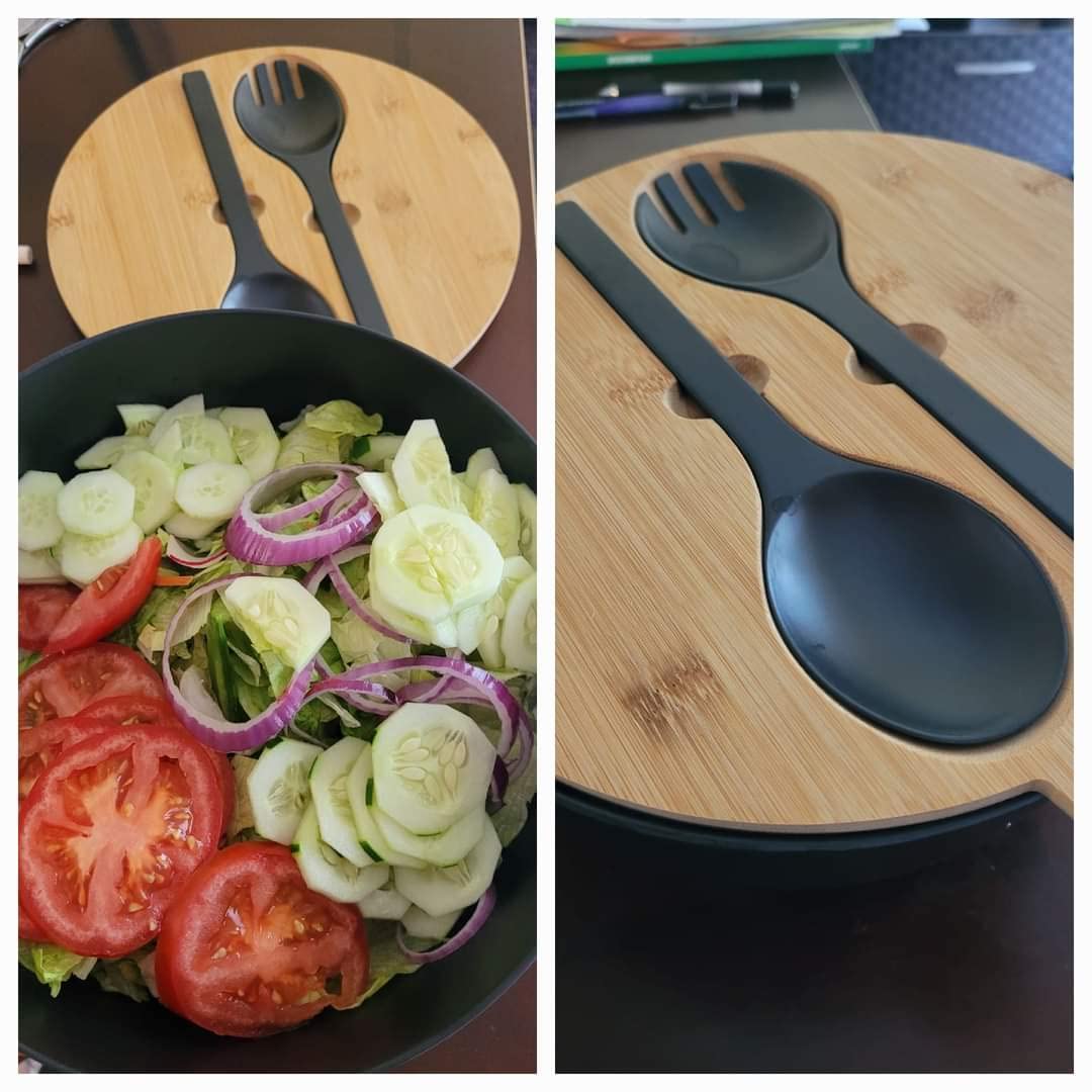 ShineMe Large Salad Bowl with Lid, Bamboo Fiber Salad Serving Bowl Set with Utensils, 9.8inches Mixing Bowl with Servers, Solid Bamboo Wooden Bowl for Candy, Salad, Fruits, Vegetables and Pasta(White) customer photo 2