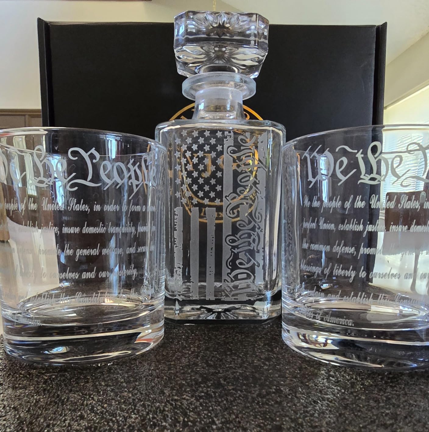 Whiskey Decanter Engraved We The People American Flag Decanter Set with 2 Glasses for Liquor Scotch Bourbon or Wine, Father's Day Patriotic Gift customer photo 1