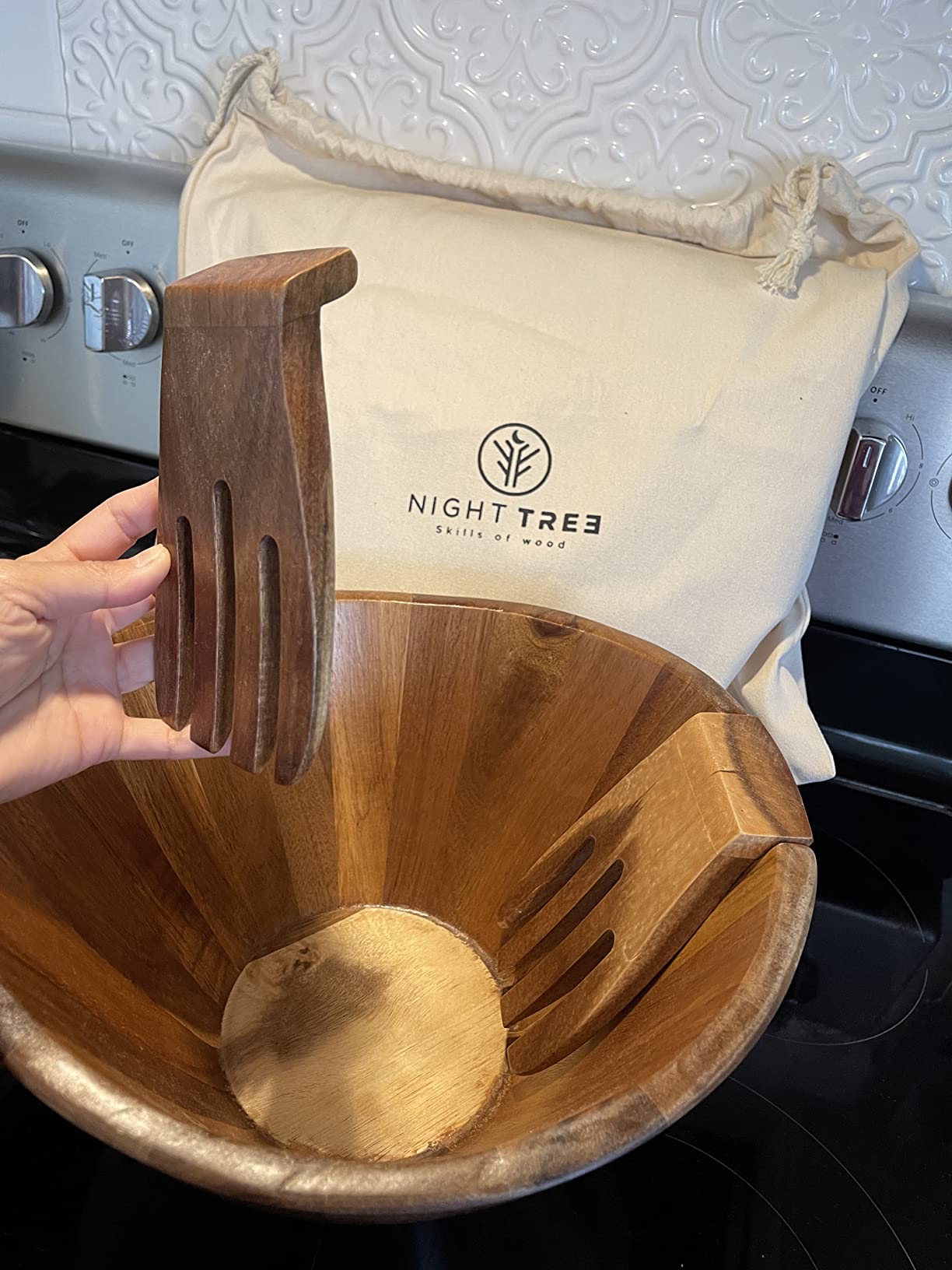 Night Tree Large wooden salad bowl with serving forks mixing, wood salad bowl set for food or fruits, magnetic utensils fit for 6–8 servings, ideal to family meals or as a unique gift customer photo 2