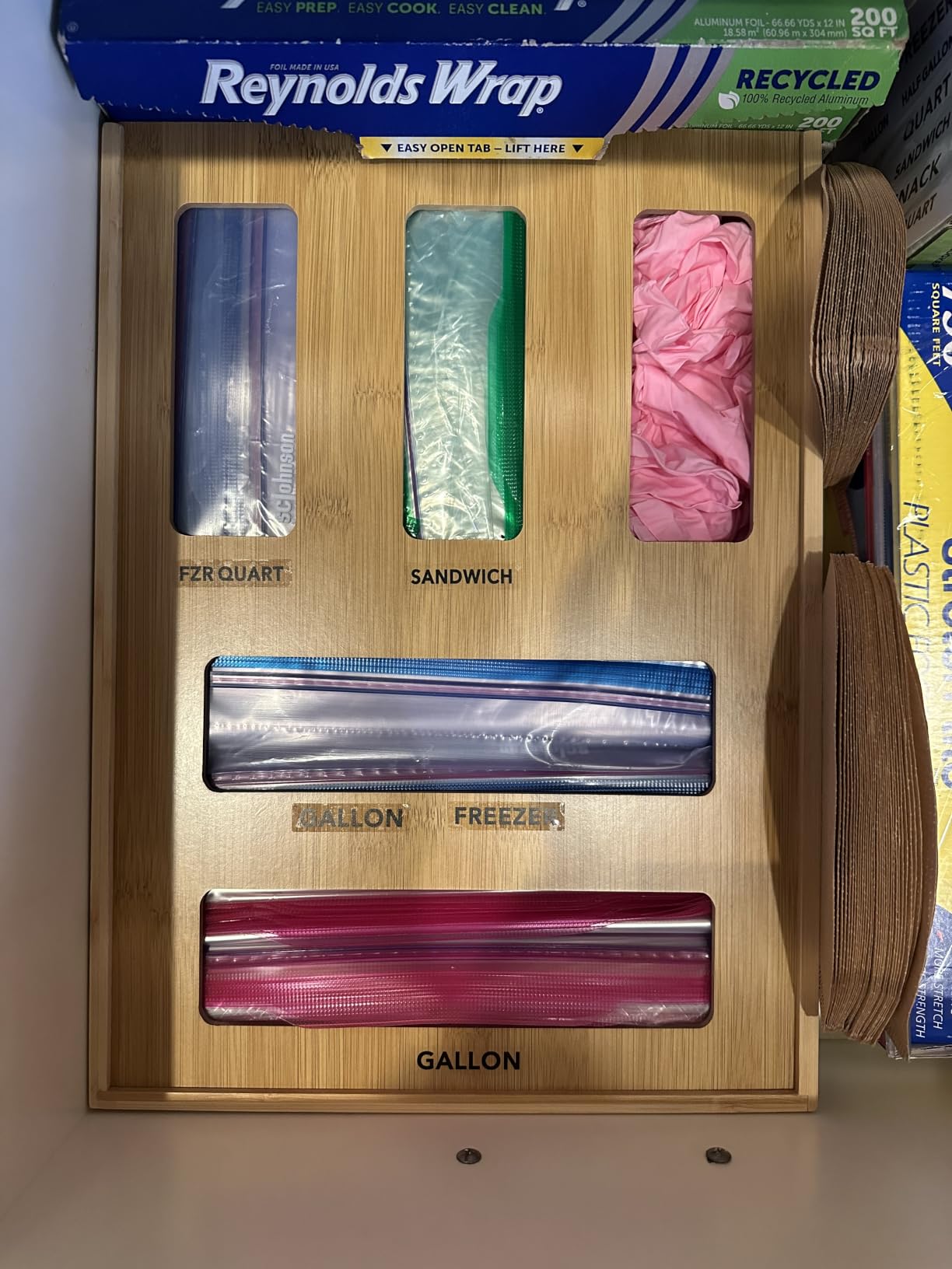 SpaceAid Bag Storage Organizer for Kitchen Drawer, Bamboo Organizer, Compatible with Gallon, Quart, Sandwich and Snack Variety Size Bag (1 Box 4 Slots) customer photo 2
