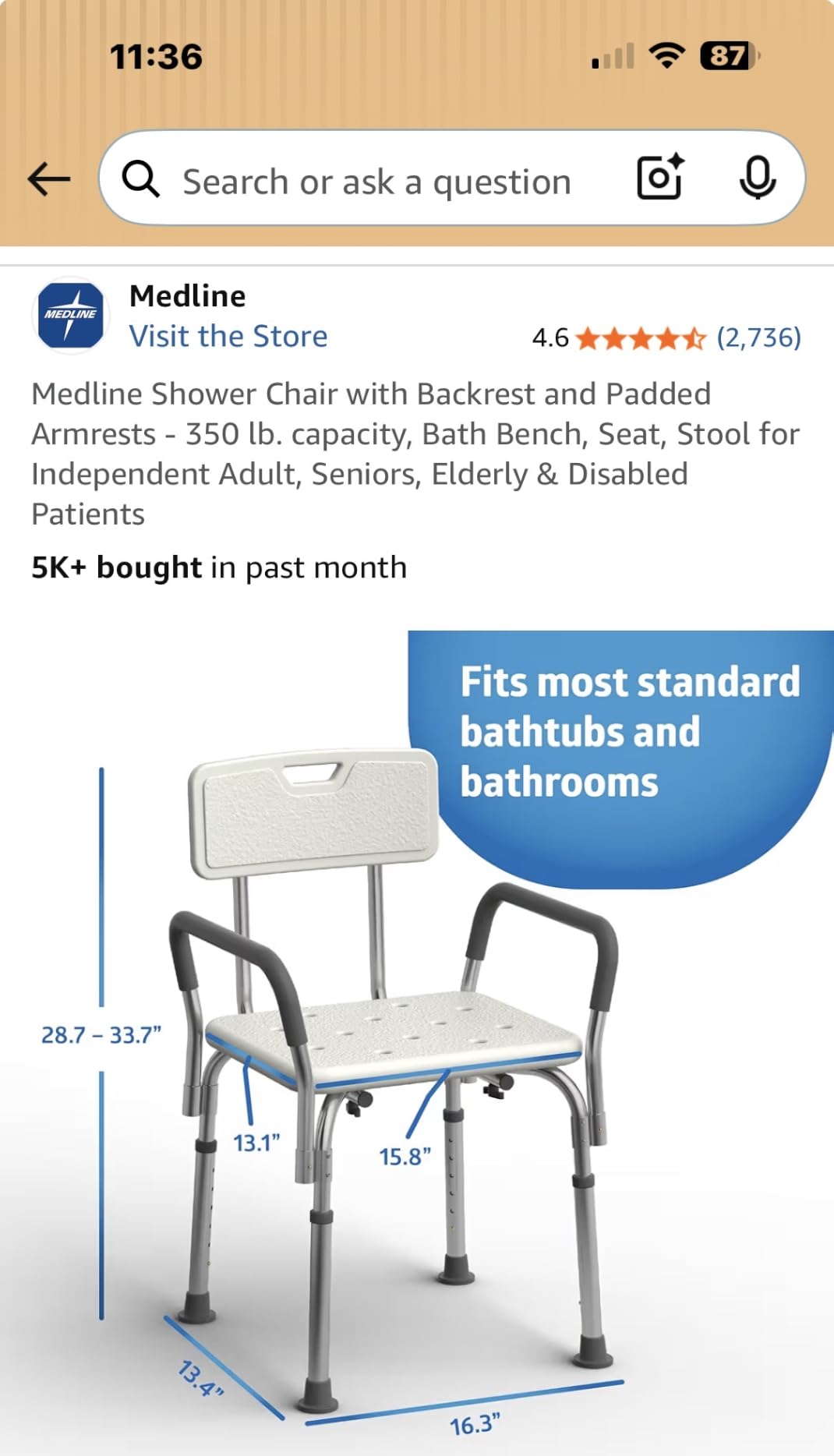 Medline Shower Chair with Backrest and Padded Armrests - 350 lb. capacity, Bath Bench, Seat, Stool for Independent Adult, Seniors, Elderly & Disabled Patients customer photo 1