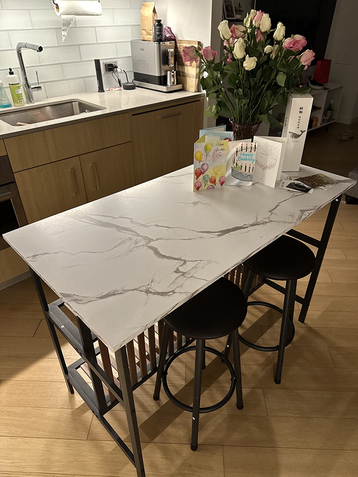 AWQM Kitchen Island with Seating & Storage, Bar Table and Chair Set, White customer photo 2