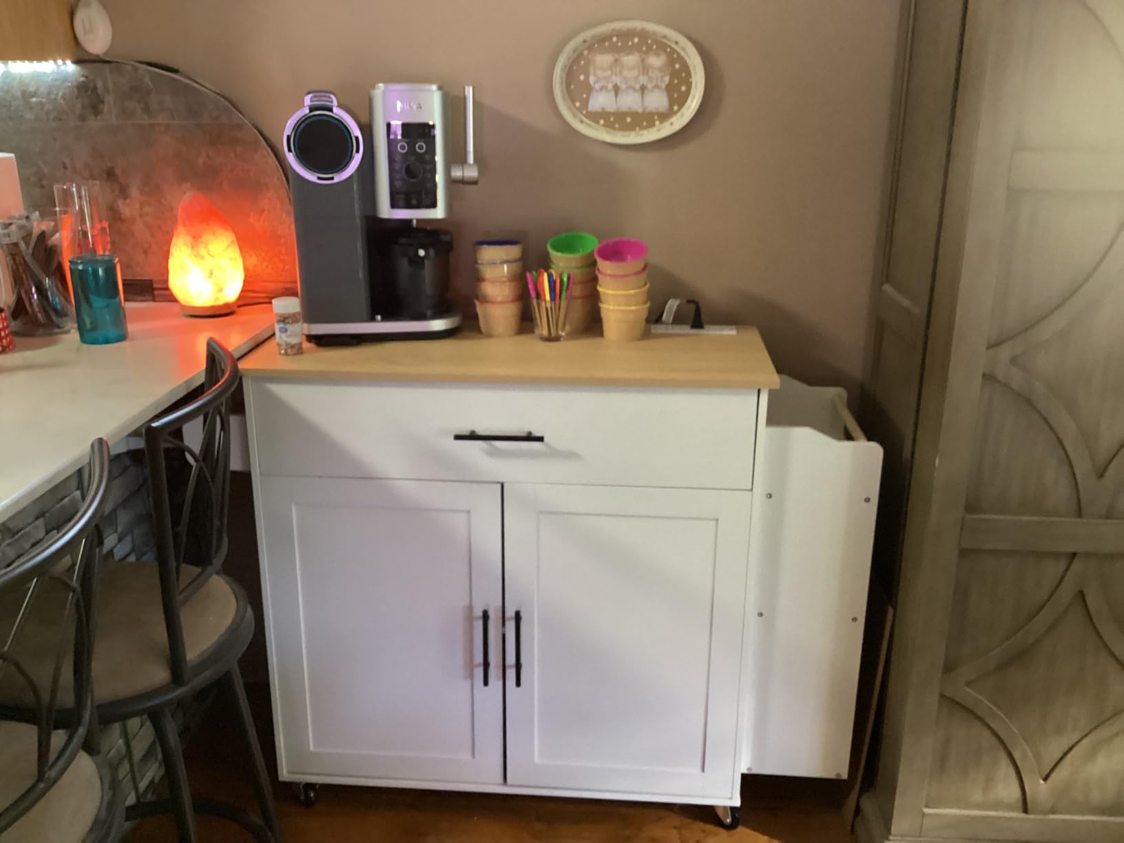 IRONCK Kitchen Island with Storage, Charging Station and Drop Leaf, White customer photo 1