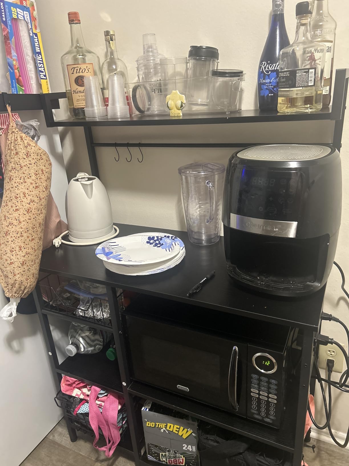 HOOBRO Bakers Rack with Power Outlet, 35.4 Inches Coffee Bar with Mesh Basket, Microwave Stand with 4 S-Shaped Hooks, Kitchen Bakers Rack with Storage, Easy to Assemble, Rustic Brown BF05HB01 customer photo 2