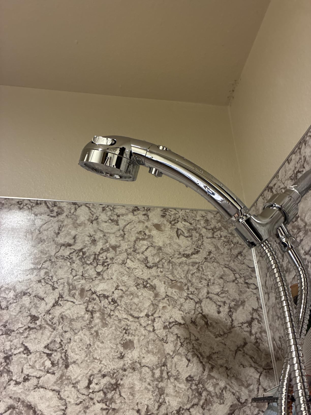 KAIYING High Pressure Handheld Shower Head with ON/OFF Pause Switch, 3 Spray Modes Shower Wand with Shut Off Button, Removable Camper Shower Head with Hose and Adjustable Angle Bracket (White) customer photo 1
