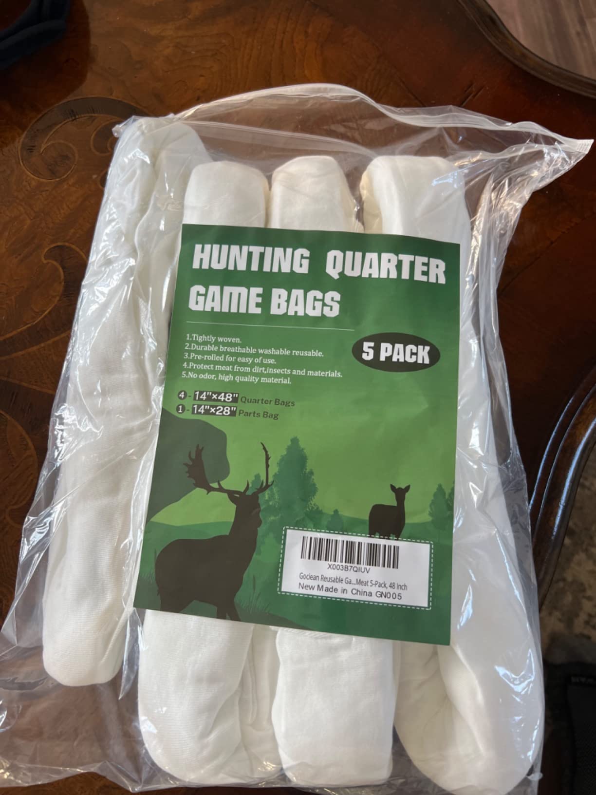 Game Bags Elk Hunting Meat Bags, 48inch/60inch 5-Pack Rolled Heavy Duty Quarter Bags, Reusable & Breathable Meat Game Bags with Reflective Strip for Elk, Caribou, Deer, Moose, Antelope, Duck customer photo 1