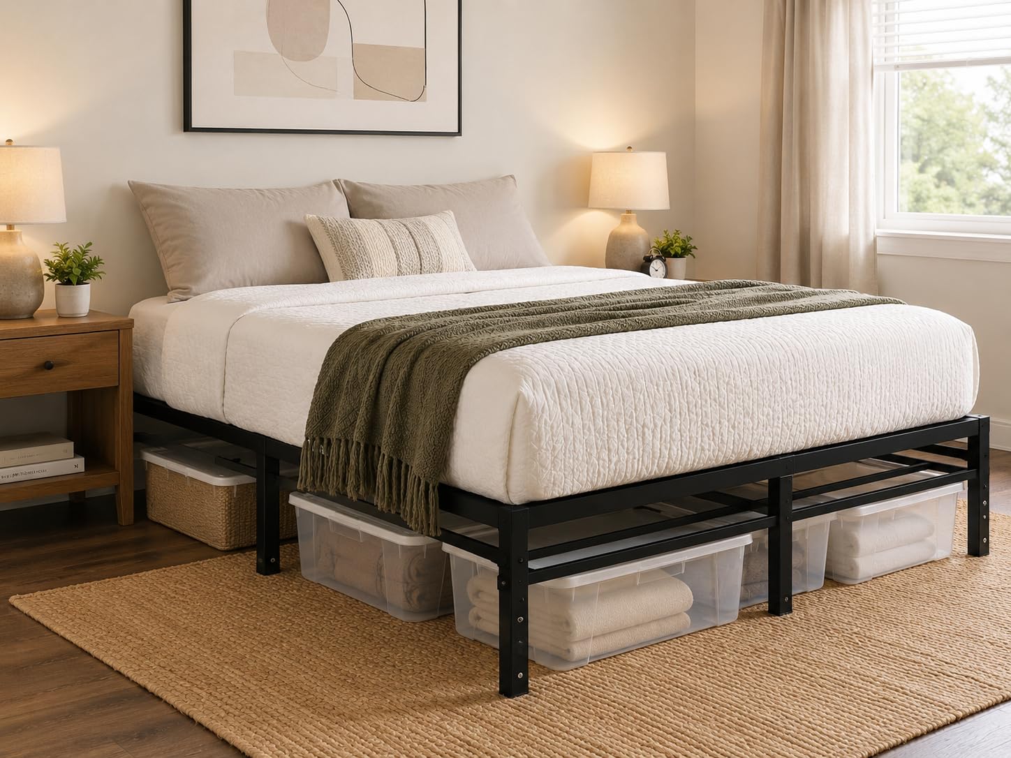 NEW JETO Metal Bed Frame, Queen Size Bed Frame with Storage Space, 14 Inch | Heavy Duty Sturdy Mattress Foundation, Easy Assembly, No Box Spring Needed, Black customer photo 1