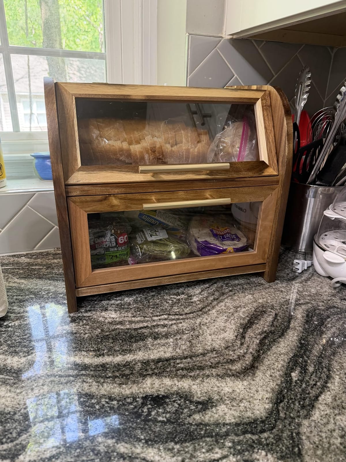 Arise Acacia Wooden Bread Box for Kitchen Countertop, Extra Large 2-Shelf customer photo 2