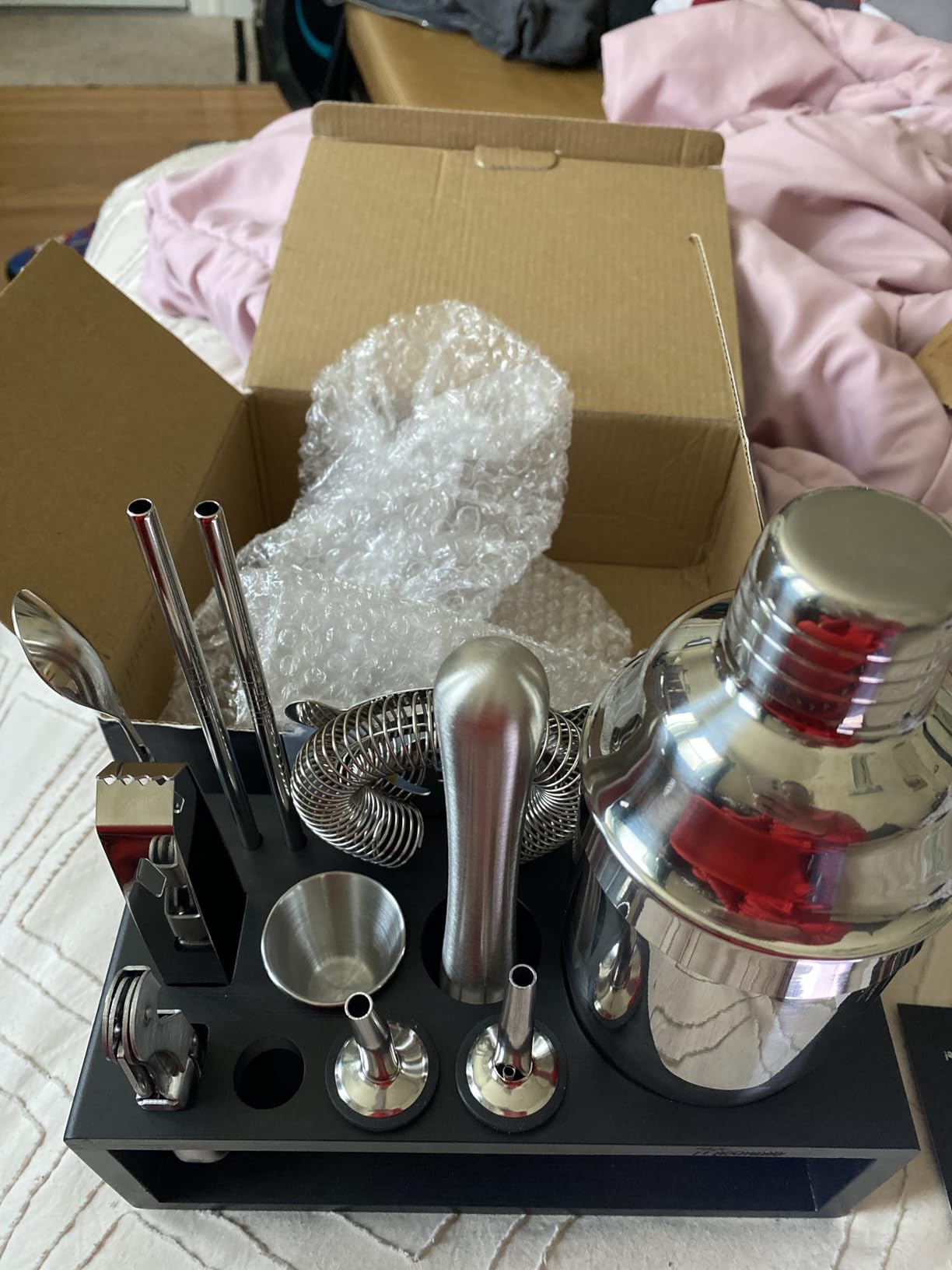 Black Stainless Steel Cocktail Shaker Set with Wood Stand - 15 Piece Bartender Kit with Drink Shaker, Bar Spoon, Jigger, Muddler, Strainer, Bottle Opener, Stopper, Pour Spout, Stirrers, Tongs, Recipes customer photo 1