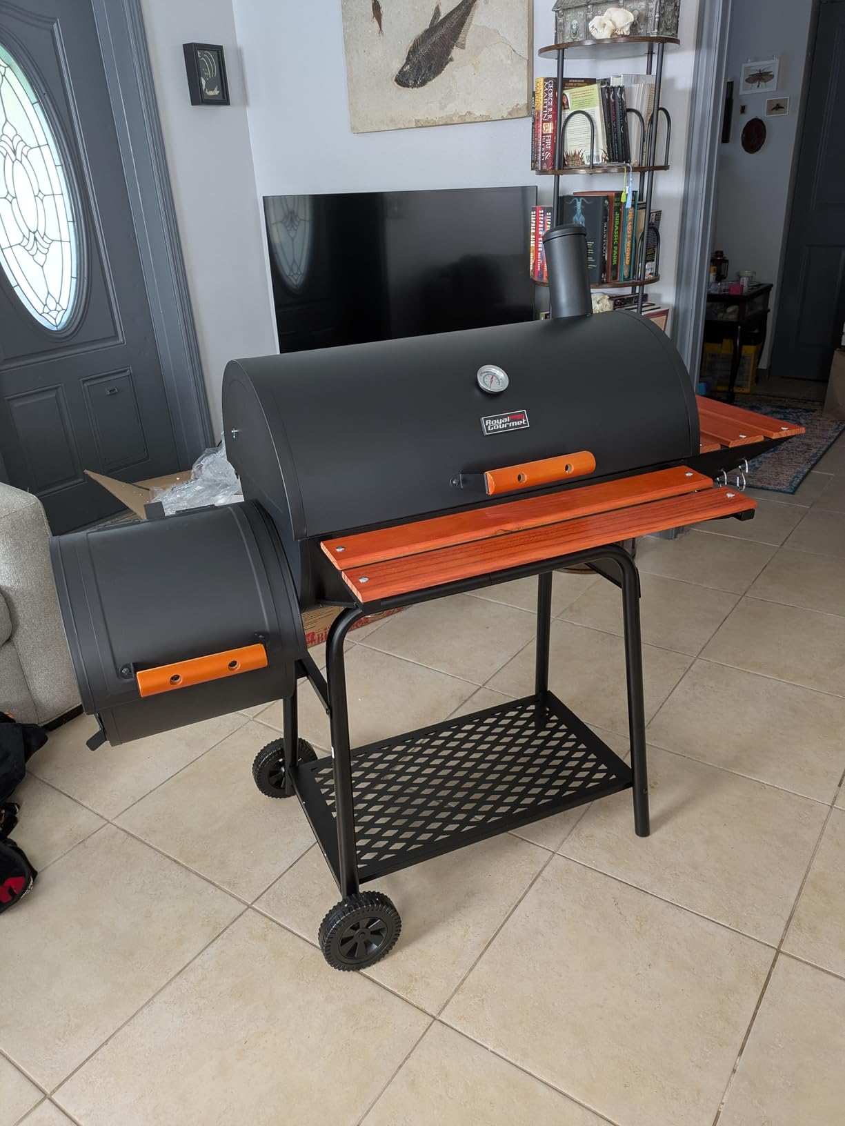 Royal Gourmet 30-Inch Charcoal Grill with Offset Smoker, Wood-Painted Table | CC1830W Outdoor Smoker Grill, 811 Sq. In., Front Table, Adjustable Fire Grates, for Outdoor Barbecue Event, Black customer photo 2