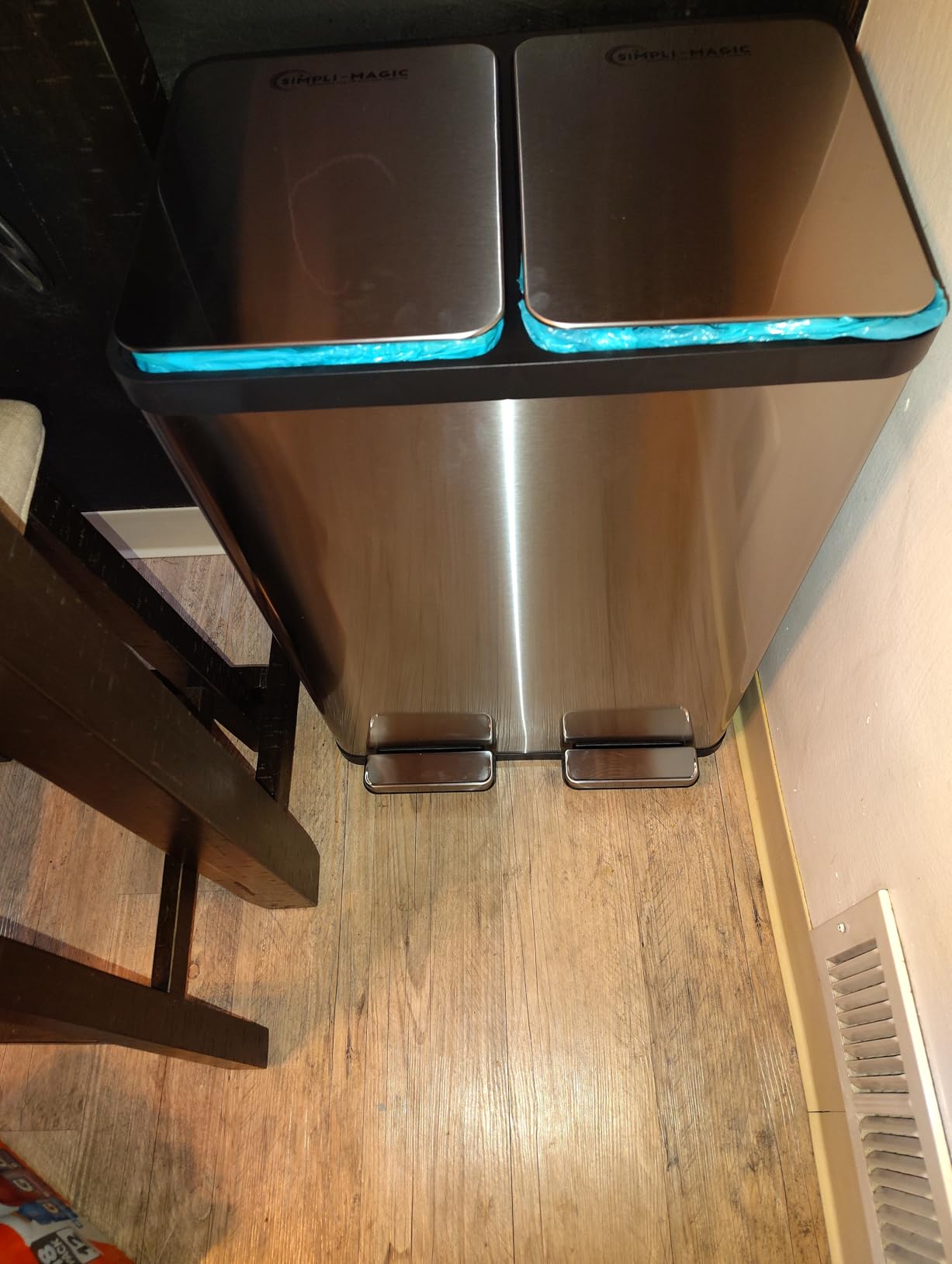 SIMPLI-MAGIC 60 Liter / 16 Gallon Rectangular Hands-Free Dual Compartment Recycling Kitchen Step Trash Can with Soft-Close Lid, Brushed Stainless Steel customer photo 1