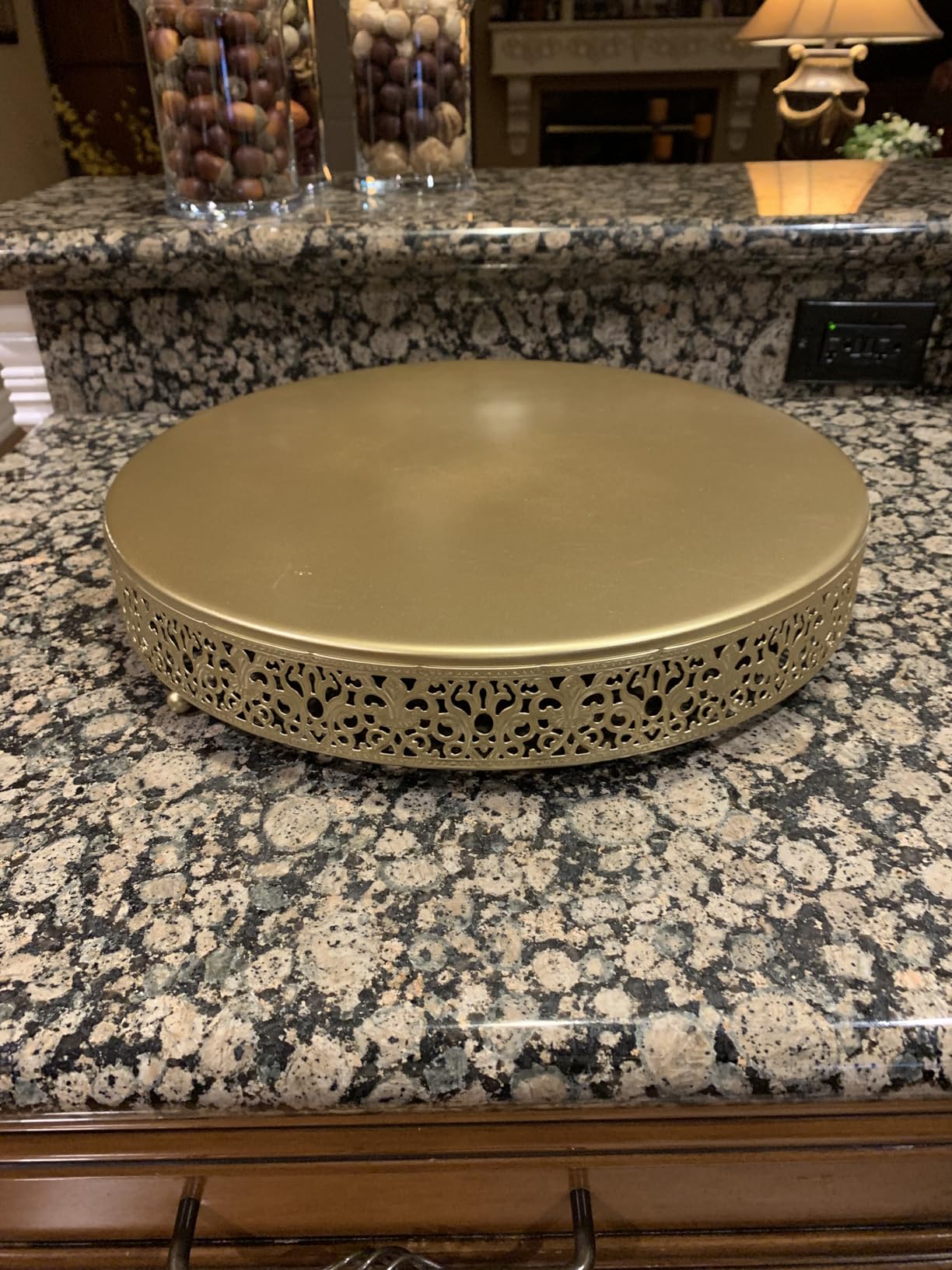 16 Inch Luxury Light Gold Cake Stand, Round Metal Dessert Display with Ornate Filigree Lace, Dual‑Coated Premium Finish for Wedding, Anniversary & Elegant Home Decor customer photo 1