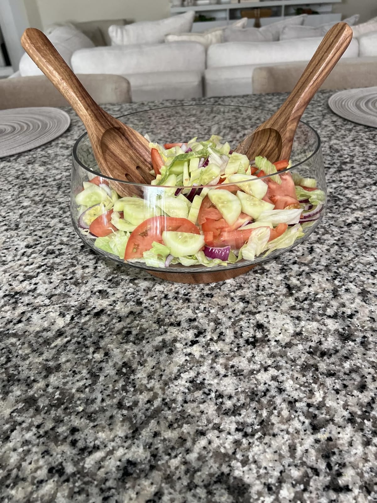 KITEISCAT Extra Large Glass Salad Bowl Set - Party Salad Bowls with Acacia Wood Base and Serving Utensils - Elegant and Practical Kitchen Must-Have customer photo 1