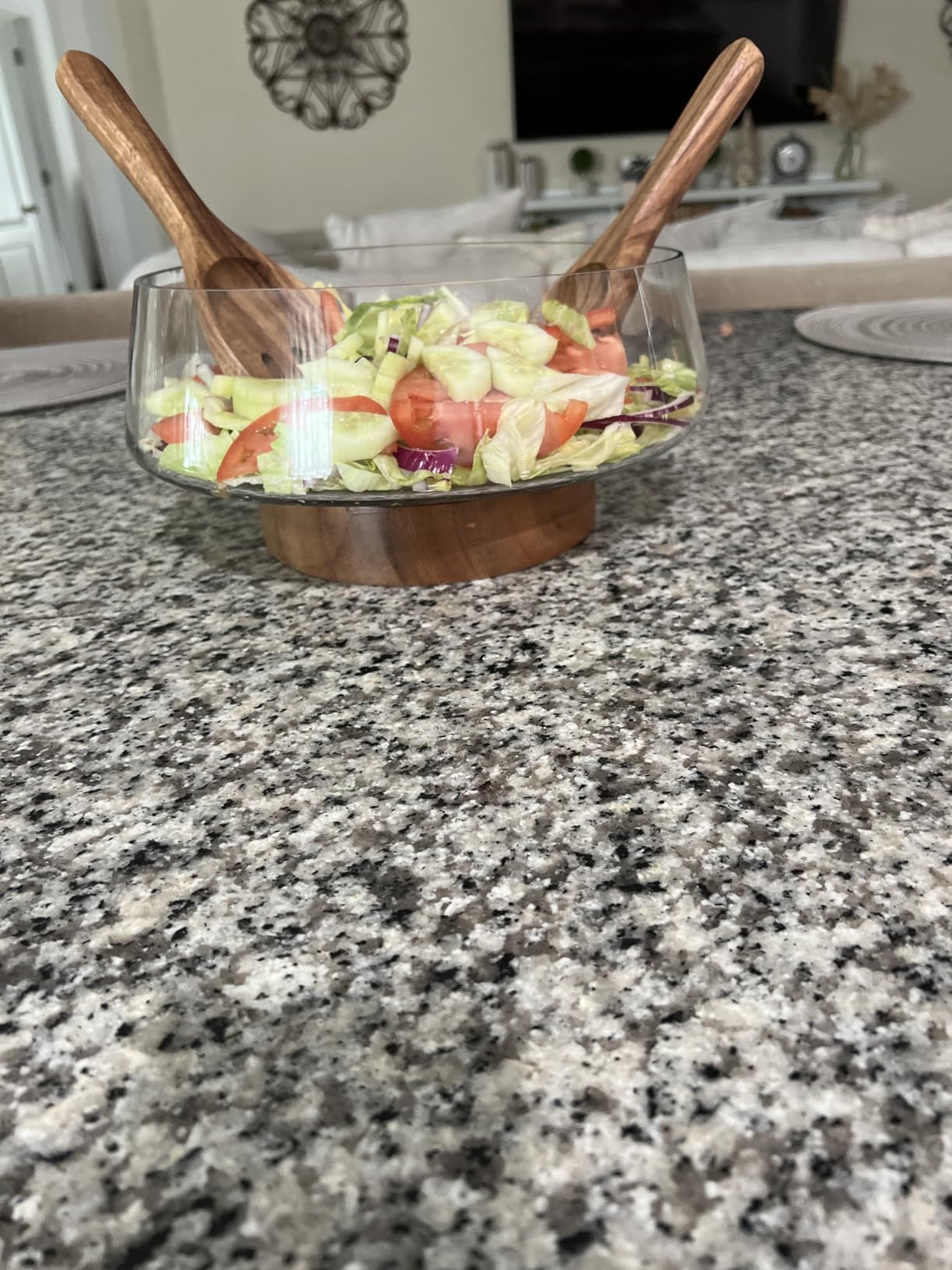 KITEISCAT Extra Large Glass Salad Bowl Set - Party Salad Bowls with Acacia Wood Base and Serving Utensils - Elegant and Practical Kitchen Must-Have customer photo 2