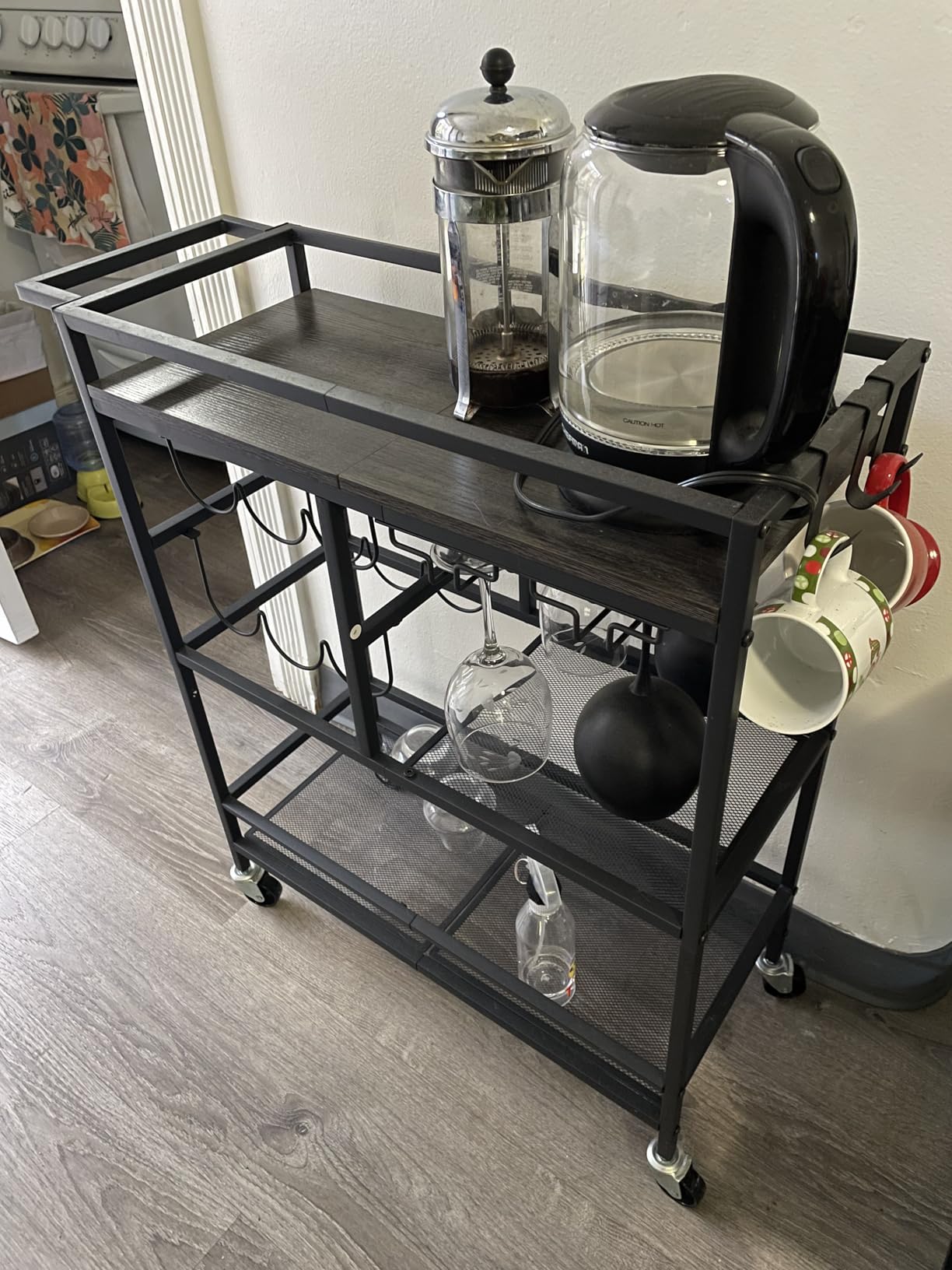 MAHANCRIS Bar Cart for Home, 3-Tier Serving Cart with Wheels and Handle, Beverage Cart with Wine Rack and Glass Holders, Rolling Wine Cart for Kitchen, Dining Room, Rustic Brown RCHR6101 customer photo 1