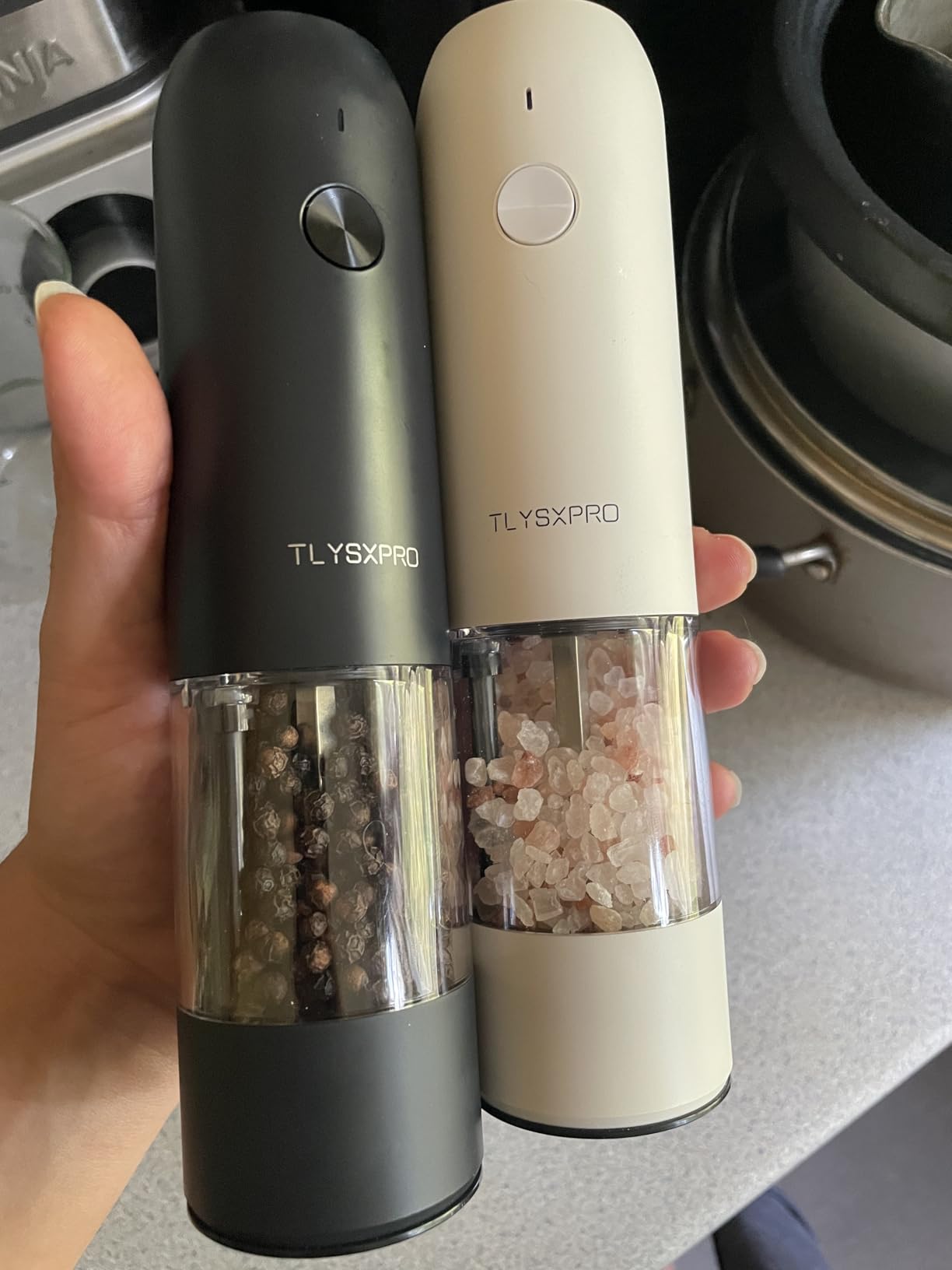 Electric Salt and Pepper Grinder Set, USB Rechargeable, Automatic Salt and Pepper Mill Grinder with Adjustable Coarseness, Electric Salt Shakers, LED Light, Refillable (2 Packs, Greige) customer photo 1