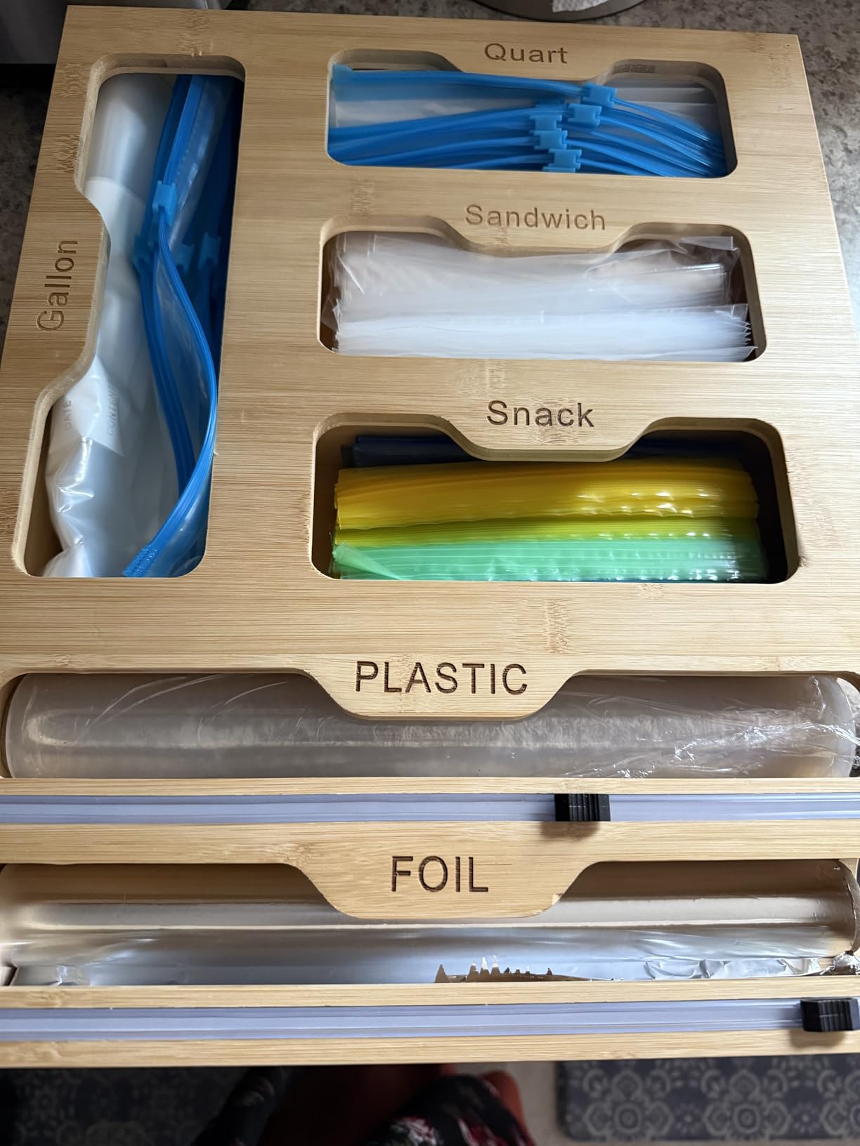 KOCWELL Bag Organizer & Plastic Wrap Dispenser with Cutter, 6 In 1 Bamboo Foil & Plastic Wrap Organizer for Kitchen, Food Storage Bag Organizer customer photo 1
