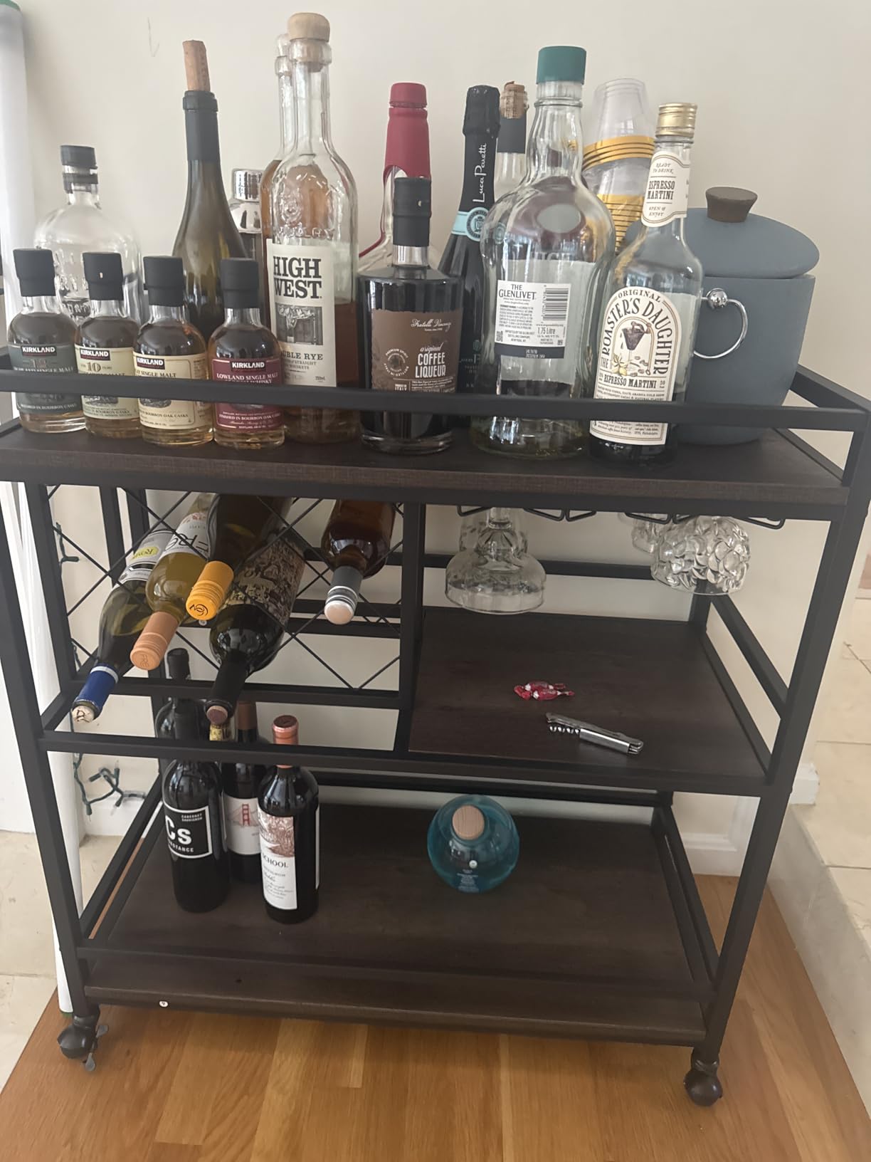 FATORRI Bar Cart Gold, Home Bar Serving Cart with Wine Rack and Glasses Holder, Wine Carts on Wheels with 3 Tier Mirrored Shelves for Liquor and Beverage (Gold) customer photo 1