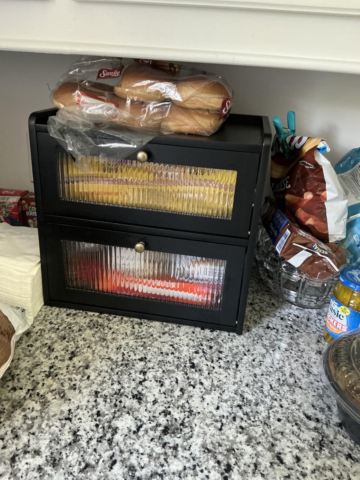 Sunhoo Bread Box for Kitchen Countertop Wooden Bread Storage Container Bin 2 Layer Breadbox Holder Large Capacity Keeper Vintage Farmhouse Food Organizer Pantry Shelf Acrylic Window (Brown) customer photo 1