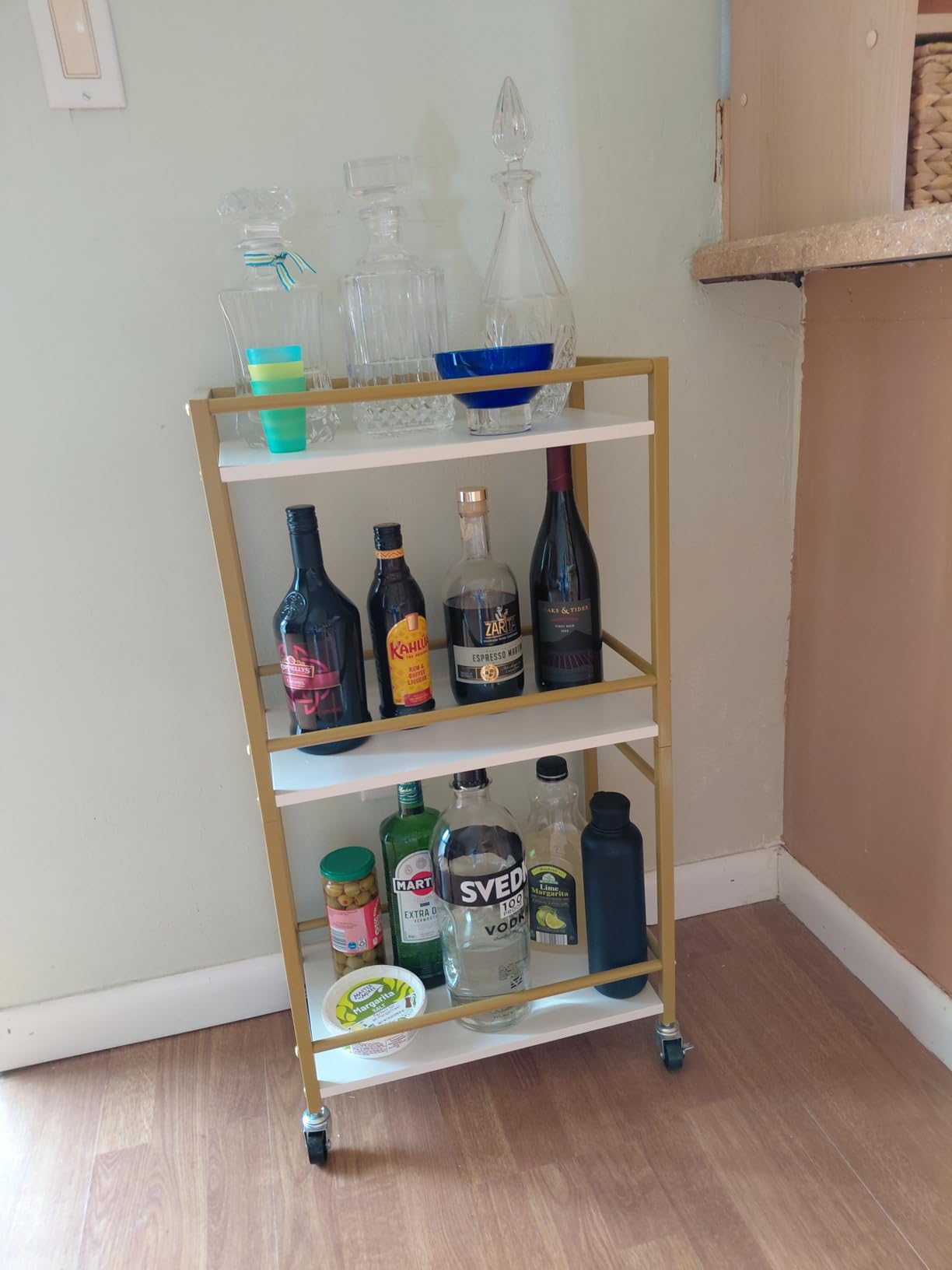 MAHANCRIS Bar Cart for The Home, 3-Tier Drink Cart on Wheels, Home Bar Serving Cart, Mini Bar Cart for Small Space, Rolling Kitchen Carts for Bar, Kitchen, Dining Room, Gold RCJW4001 customer photo 2