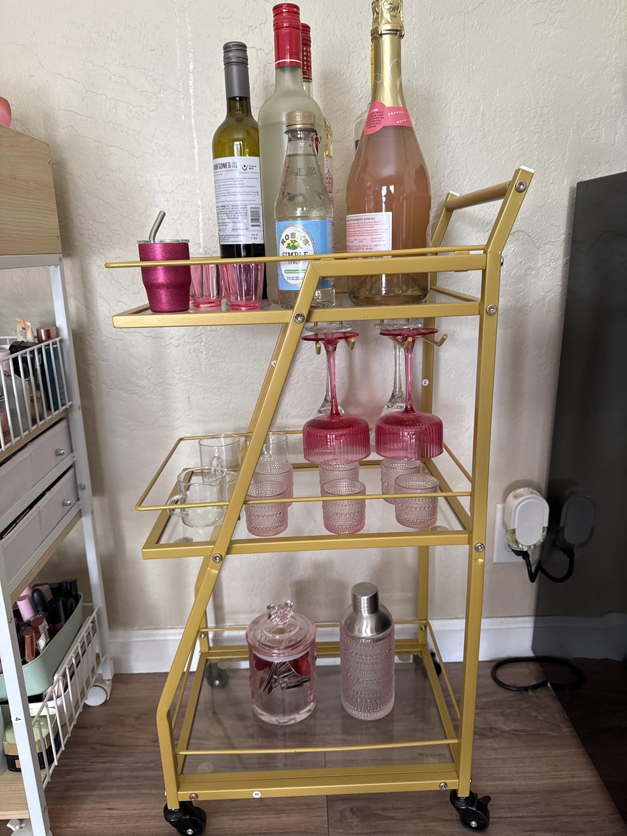 YATINEY Bar Cart, 3-Tier Home Bar Serving Cart with Wheels, Drink Cart with Glass Holder, Beverage Cart, Rolling Kitchen Cart, for Home, Living Room, Marble Black and Black BC03BM customer photo 2