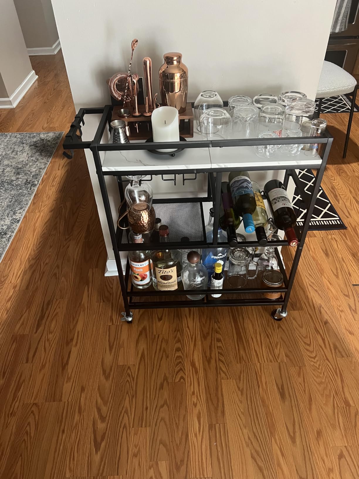 MAHANCRIS Bar Cart for Home, 3-Tier Serving Cart with Wheels and Handle, Beverage Cart with Wine Rack and Glass Holders, Rolling Wine Cart for Kitchen, Dining Room, Gold and White RCJM6101 customer photo 1