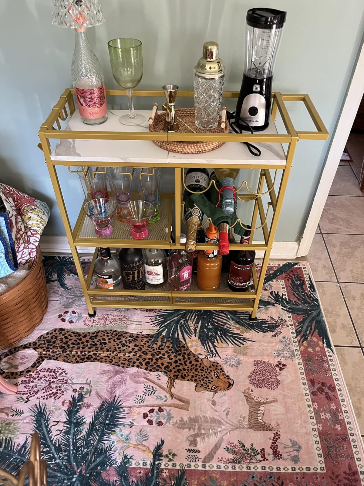 MAHANCRIS Bar Cart for Home, 3-Tier Serving Cart with Wheels and Handle, Beverage Cart with Wine Rack and Glass Holders, Rolling Wine Cart for Kitchen, Dining Room, Gold and White RCJM6101 customer photo 2