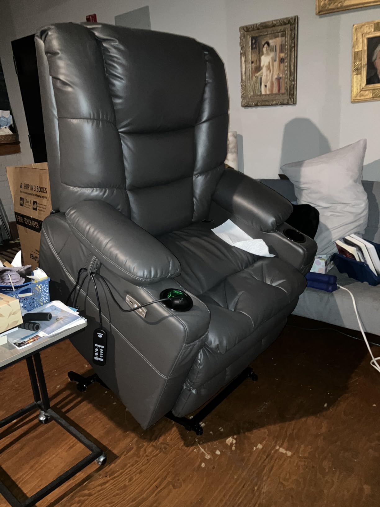 MCombo 3 Motor Power Lift Recliner, Heat and Massage, 7634, Large | Faux Leather, Dark Brown, Lay Flat, Sleep, Zero Gravity, Power Headrest, 4'7