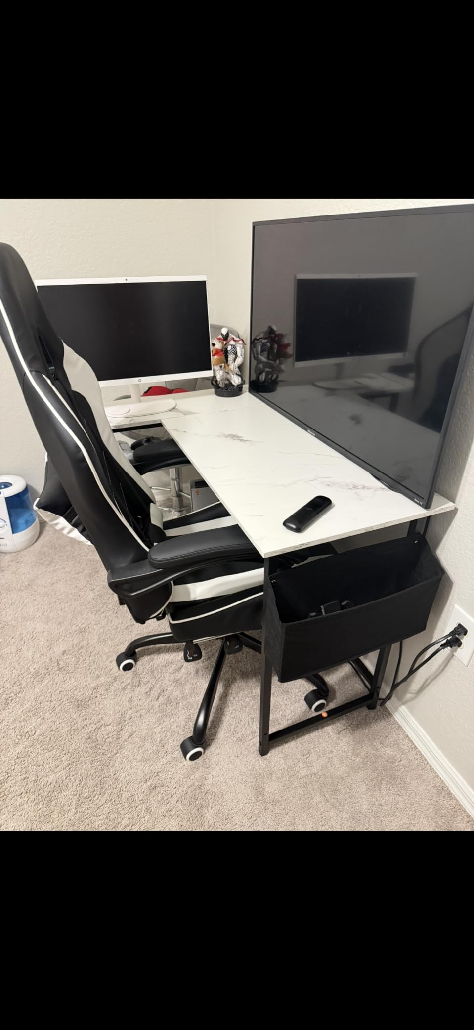 Pamray 43 Inch L Shaped Computer Desk with Reversible Side Storage Shelves, Small Corner Desk for Small Space Home Office, Writing Study Table PC Desk for Bedroom, White customer photo 2