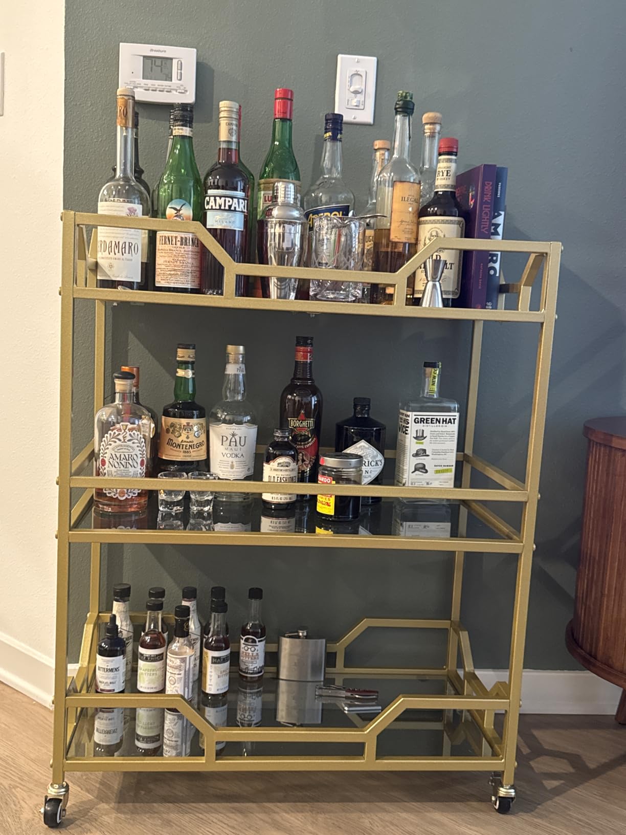 Square Gold Bar Carts with 3 Tier Storage Glass Shelves Holder Home Serving Bar Carts on Wheels for Kitchen, Bar, Dinning Room customer photo 1