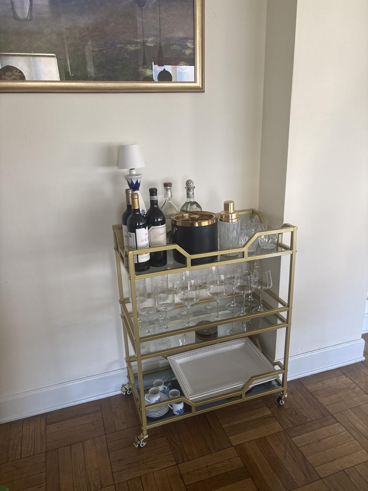 Square Gold Bar Carts with 3 Tier Storage Glass Shelves Holder Home Serving Bar Carts on Wheels for Kitchen, Bar, Dinning Room customer photo 2