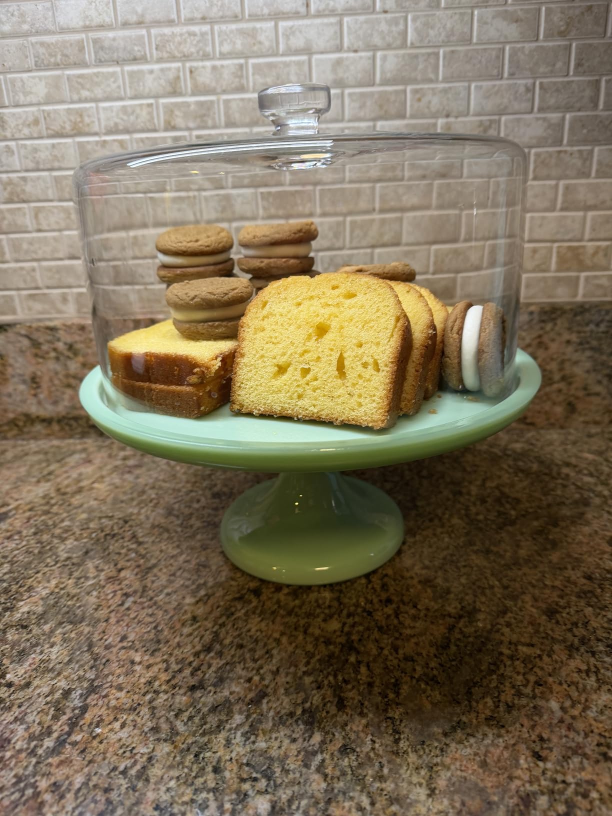 Martha Stewart Highbrook 10-Inch Jadeite Cake Stand with Glass Dome – Vintage-Style Pedestal Dessert Plate for Cakes (up to 8.5