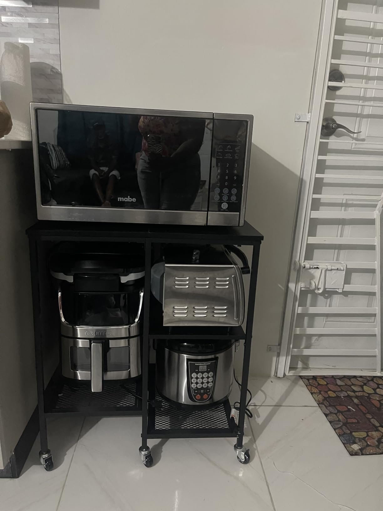 OGEMXU Rolling Kitchen Microwave Cart,4 Tier Microwave Stand,Brown customer photo 2
