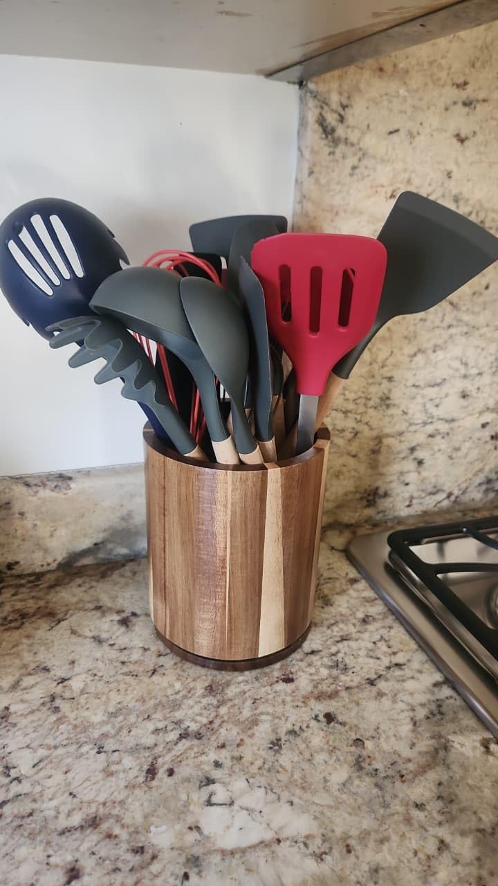 Acacia Wood Utensil Holder, 360° Rotating 7.3 in Kitchen Organizer customer photo 2