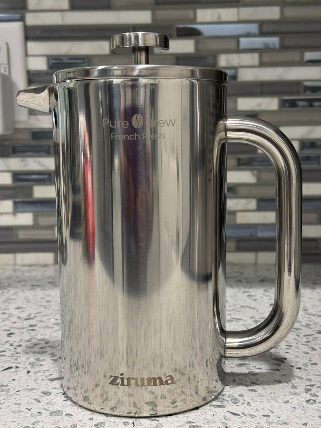 Non-Toxic Stainless Steel French Press, No Plastic or Heavy Metals, 34 oz | Surgical-grade steel. 4-layer filter. Double-wall insulated, stays hot for longer. Measure marks. Dishwasher safe. Portable. customer photo 2