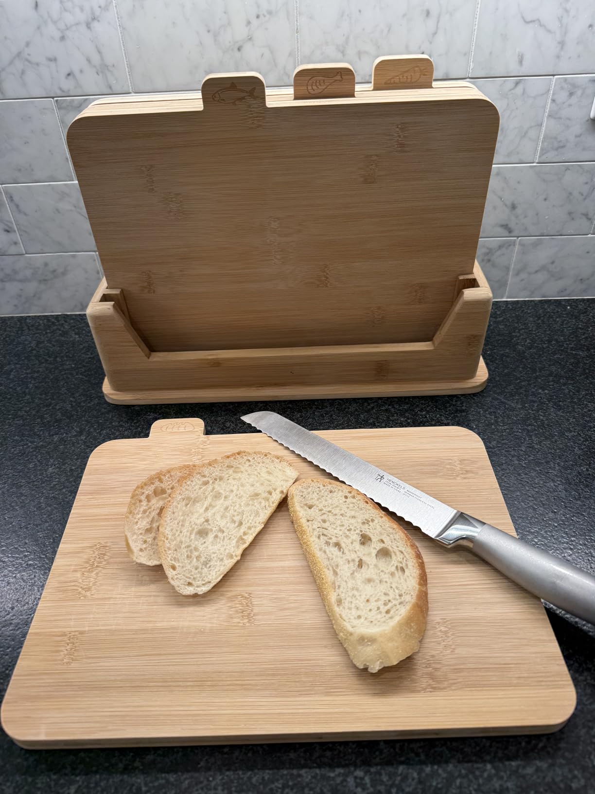 4 Piece Bamboo Cutting Boards Set with Food Icons & Stand, 14.56