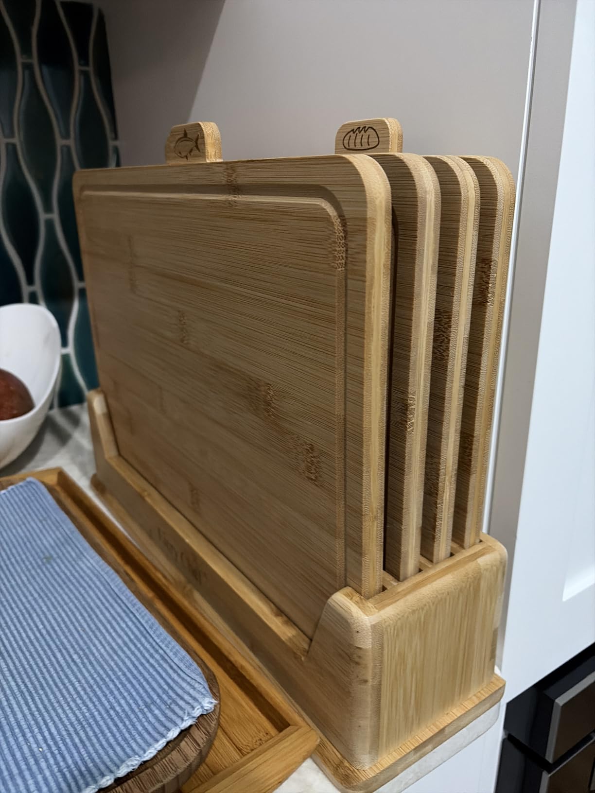 4 Piece Bamboo Cutting Boards Set with Food Icons & Stand, 14.56