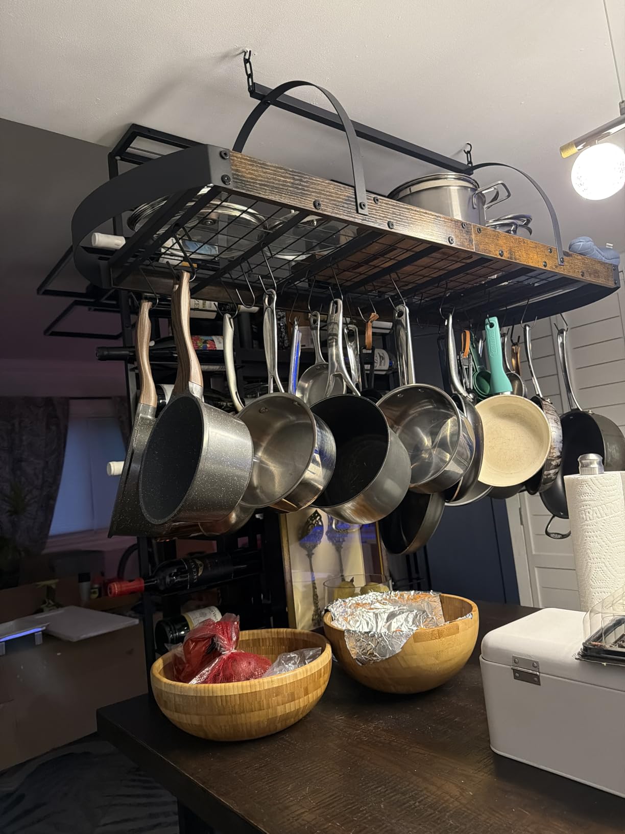 CHOEZON Hanging Pot Rack, Pot Hanger for Kitchen, Ceiling Mounted Pot Holder, Cookware Organizer with 12 S-Shaped Hooks, for Pot, Pan Storage, Space-Saving, Rustic Brown and Black TPR08BFC1 customer photo 2