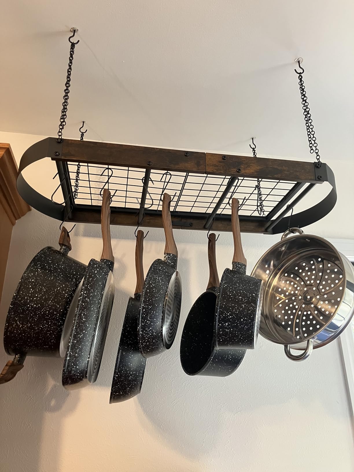 CHOEZON 31.7-Inch Hanging Pot Rack, Space-Saving Pot Hanger for Kitchen, Ceiling Pan Hanging Rack with 16 Detachable S Hooks, Sturdy Metal Frame, Industrial Style, Rustic Brown and Black TPR09BF customer photo 1