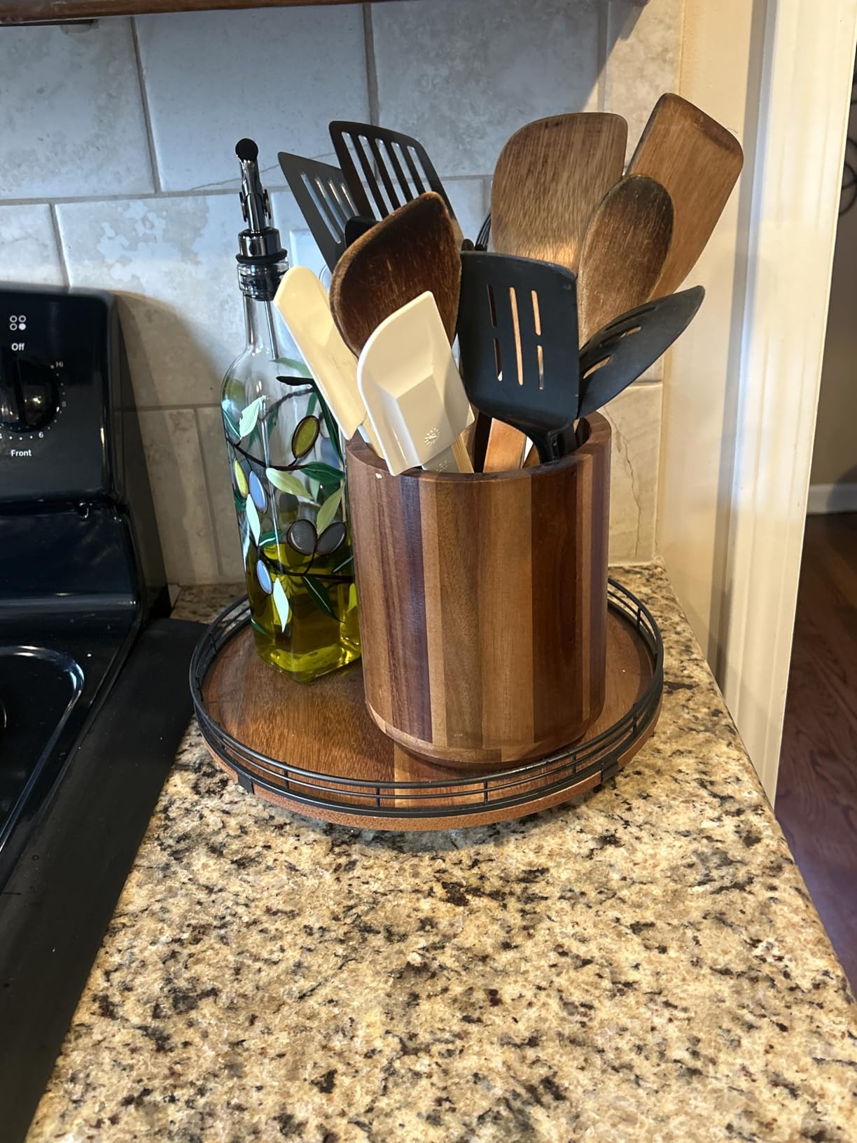 Utensil Holder, Acacia Wood Kitchen Utensil Holder for Countertop, 360°Rotating Cooking Utensil Crock for Kitchen Counter, 7.2
