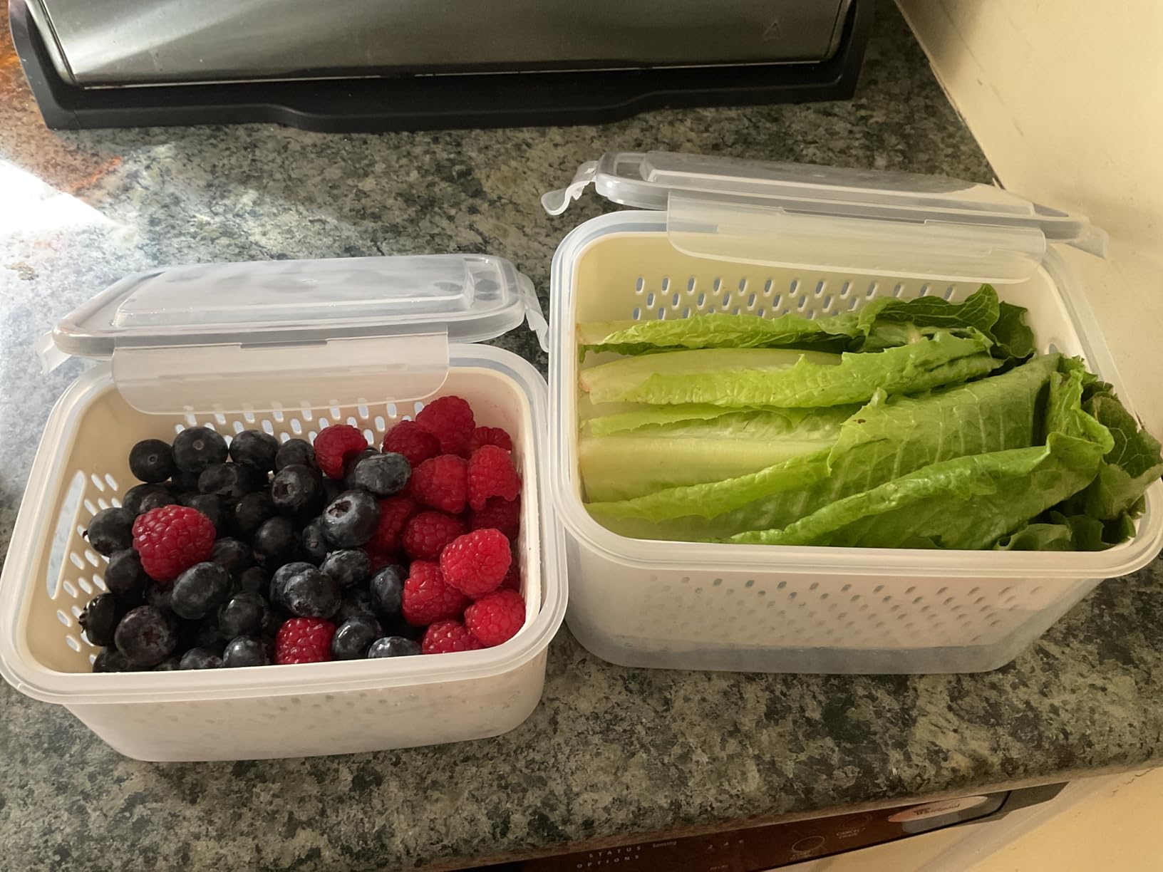 4 PCS Fruit Storage Containers for Fridge, Produce Containers for Fridge with Removable Colander, All-In-One Fruit Washing Bowl with Strainer Microwave/Dishwasher Safe for Salad Berry Lettuce Keeper customer photo 1