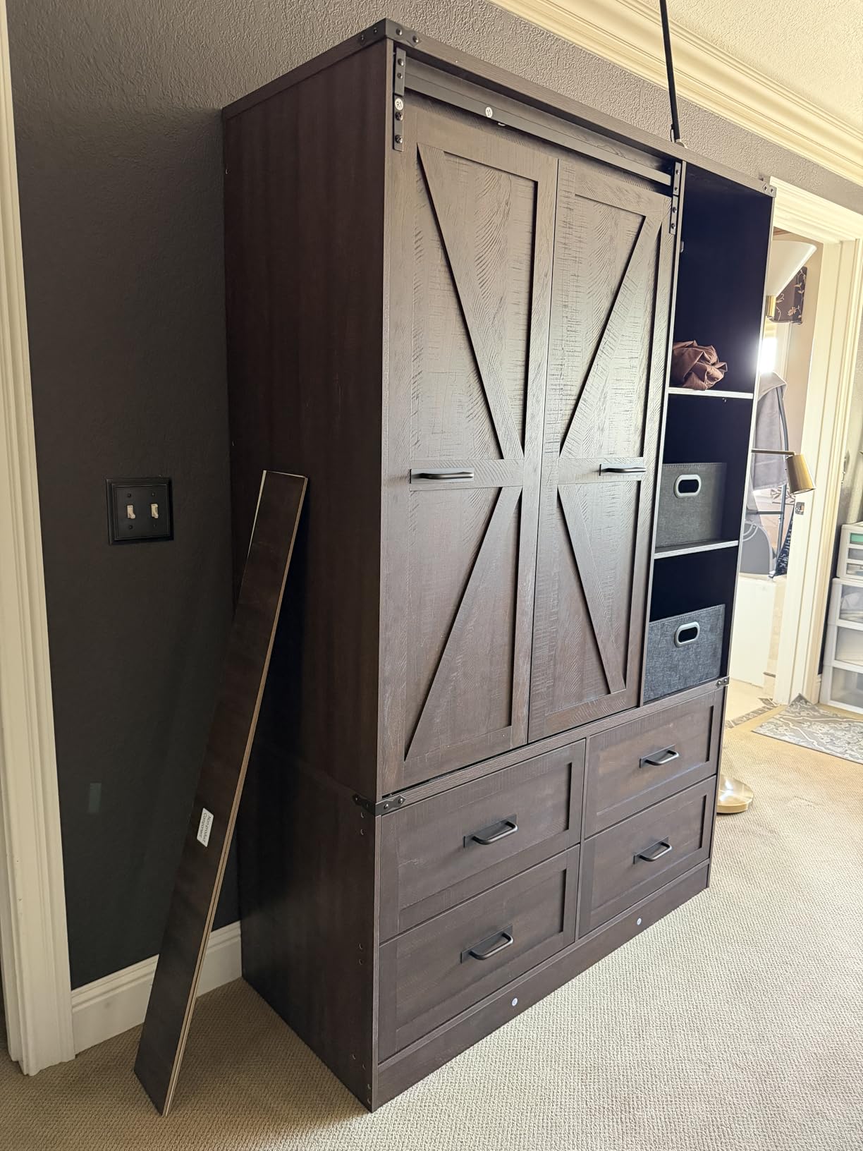 Farmhouse 4 Doors Armoire Wardrobe Closet w/Folding Sliding Barn Door and Lights, LED Armoire Closet w/Drawers for Bedroom, Freestanding Wooden Wardrobe Storage Closets w/Hanging Rod,Rustic Brown customer photo 1