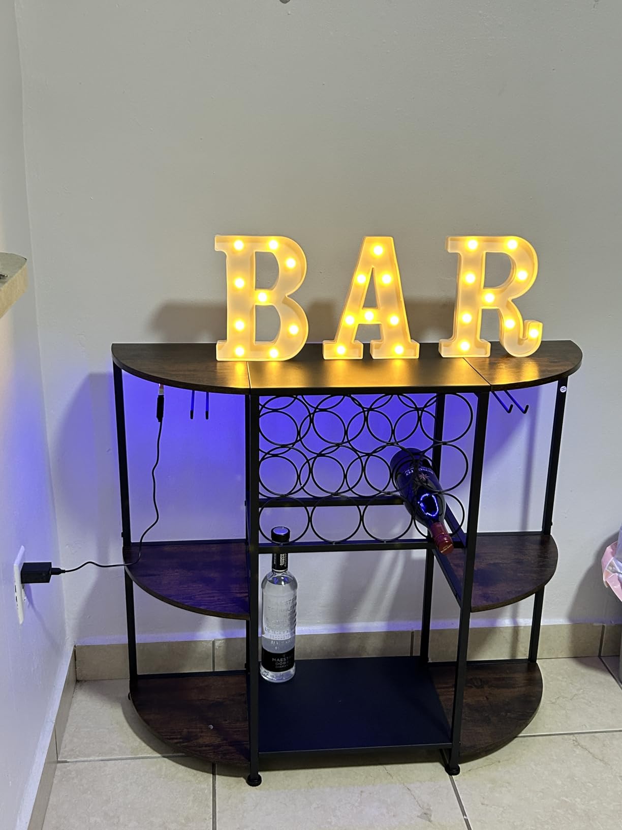 JKsmart Wine Bar Cabinet with LED Lights, Mini Wine Bar Cart with Storage and Glass Holder, Home Bar Coffee Bar for Liquor, 3-Tier Bar Table for Kitchen, Dining Room, Living Room, Black customer photo 2